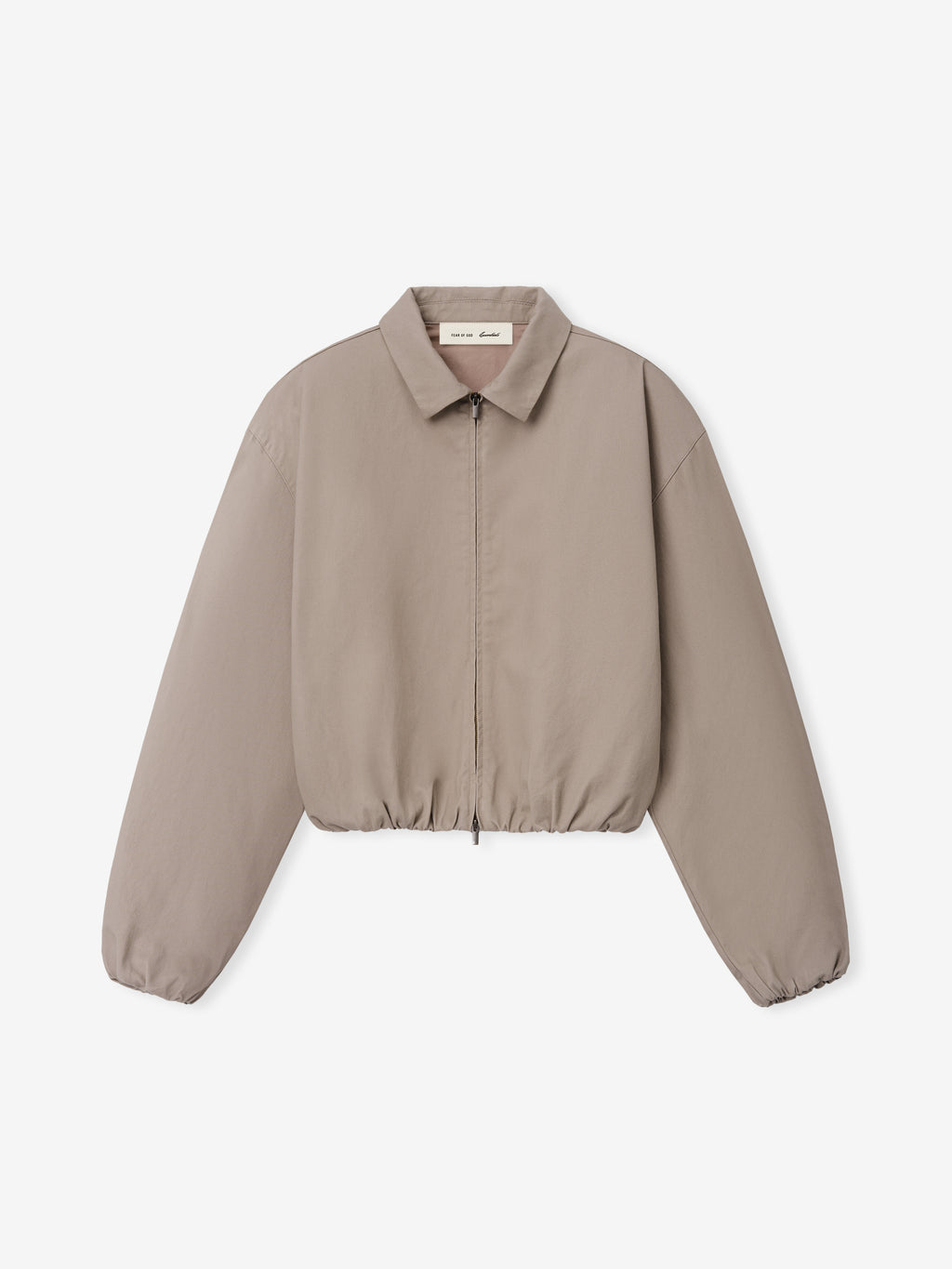 Full Zip Work Jacket in a muted taupe shade featuring a classic collar, relaxed fit with elasticized cuffs and hem, and a central front zipper for versatile outerwear layering.