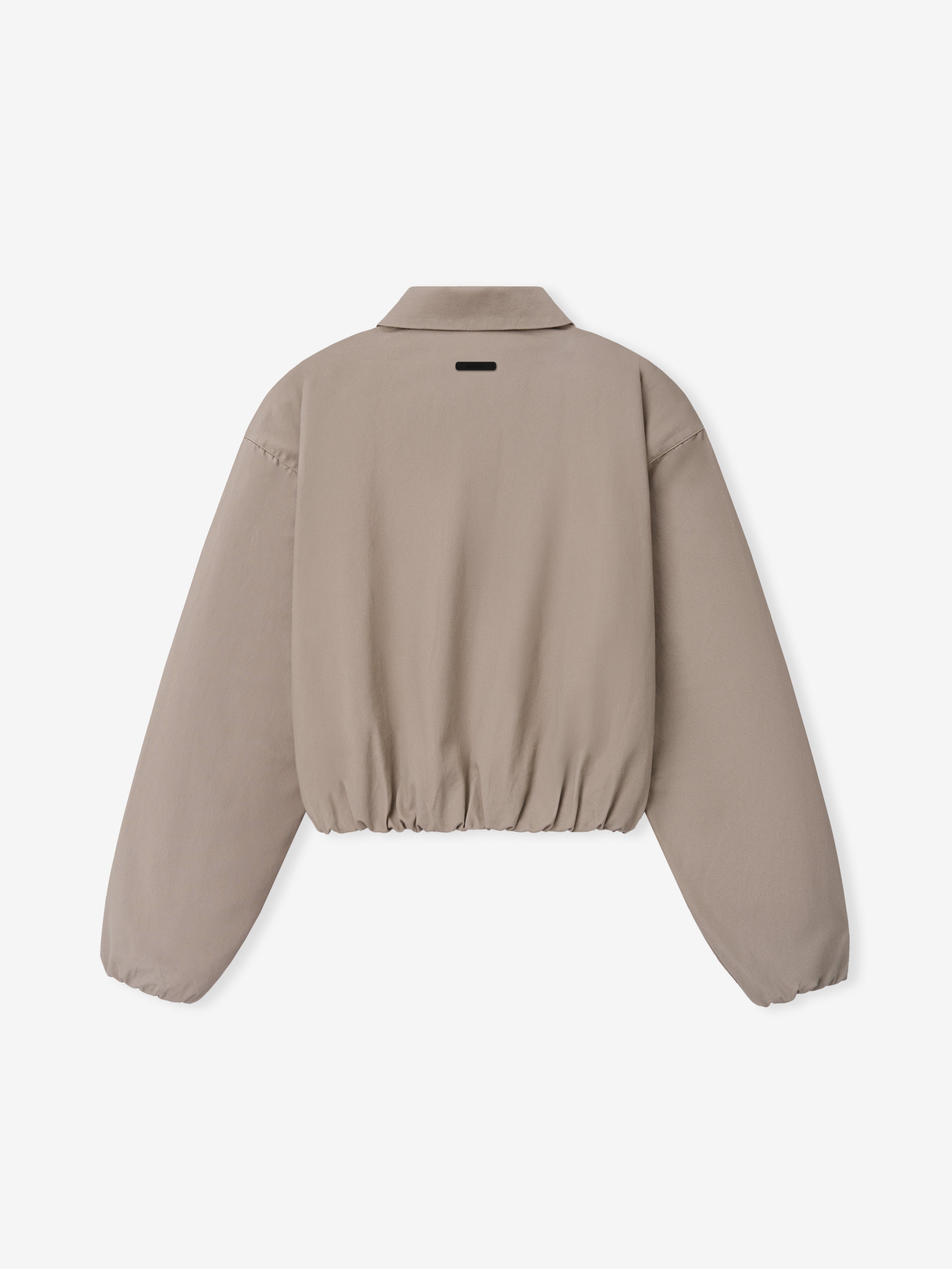 Full Zip Work Jacket in a muted taupe shade featuring a cropped silhouette with elasticized hem and cuffs, and a classic collar for a sleek outerwear option.