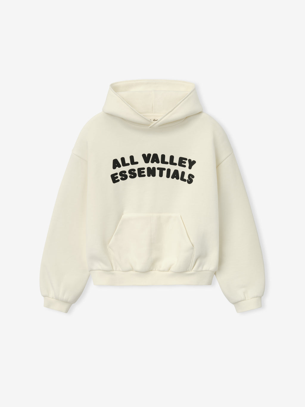 Kids 90'S Hoodie in a soft ivory shade featuring a cozy hood, ribbed cuffs and hem, a front kangaroo pocket, and bold black lettering for a casual outerwear style.