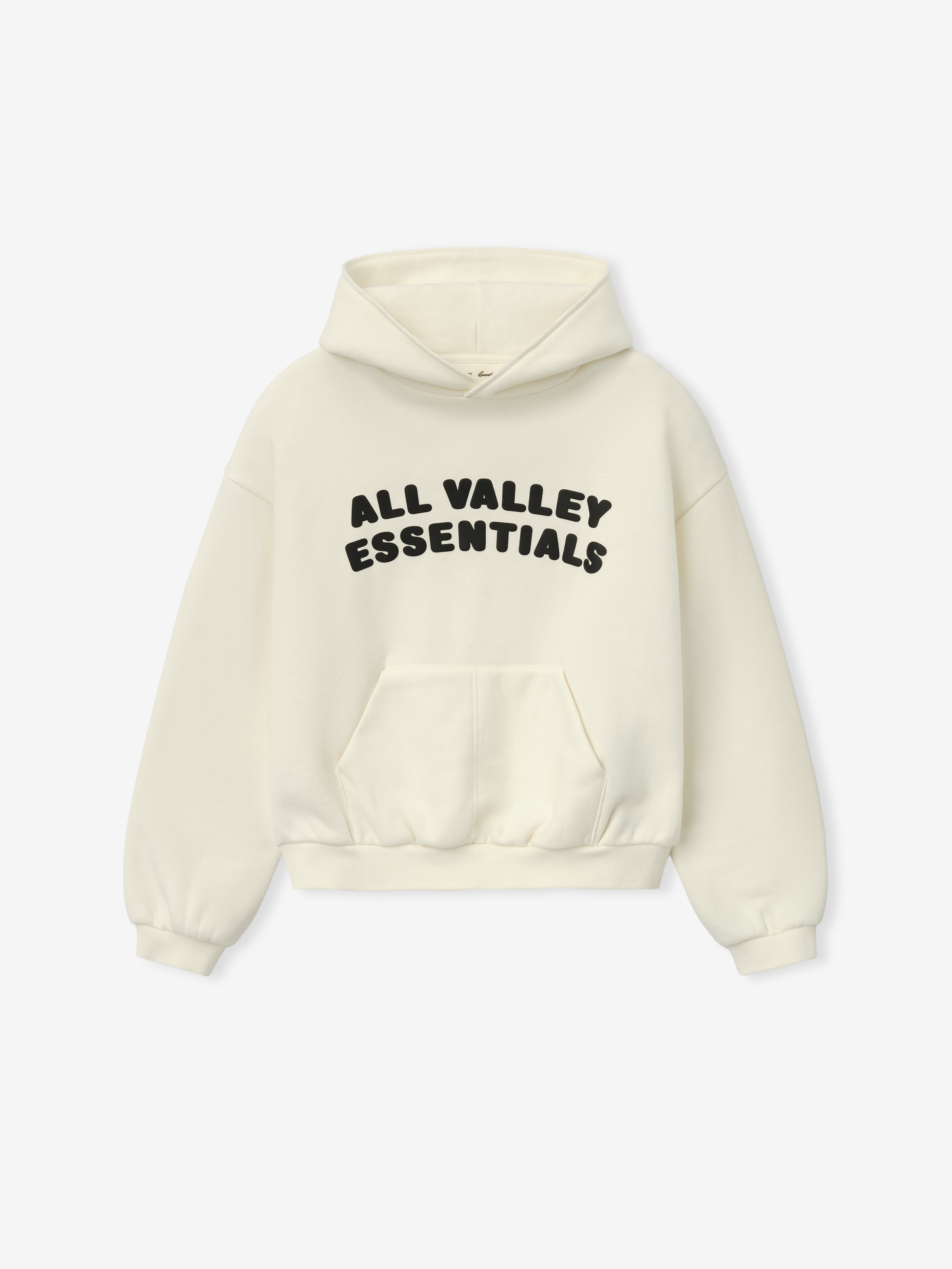 Kids 90'S Hoodie in a soft ivory shade featuring a cozy hood, ribbed cuffs and hem, a front kangaroo pocket, and bold black lettering for a casual outerwear style.