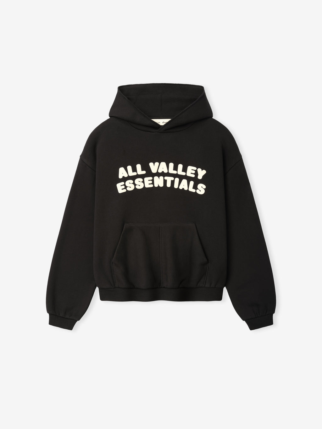 Kids 90'S Hoodie in vintage black featuring a front kangaroo pocket, cozy hood, and bold cream lettering for a stylish and comfortable outerwear option.