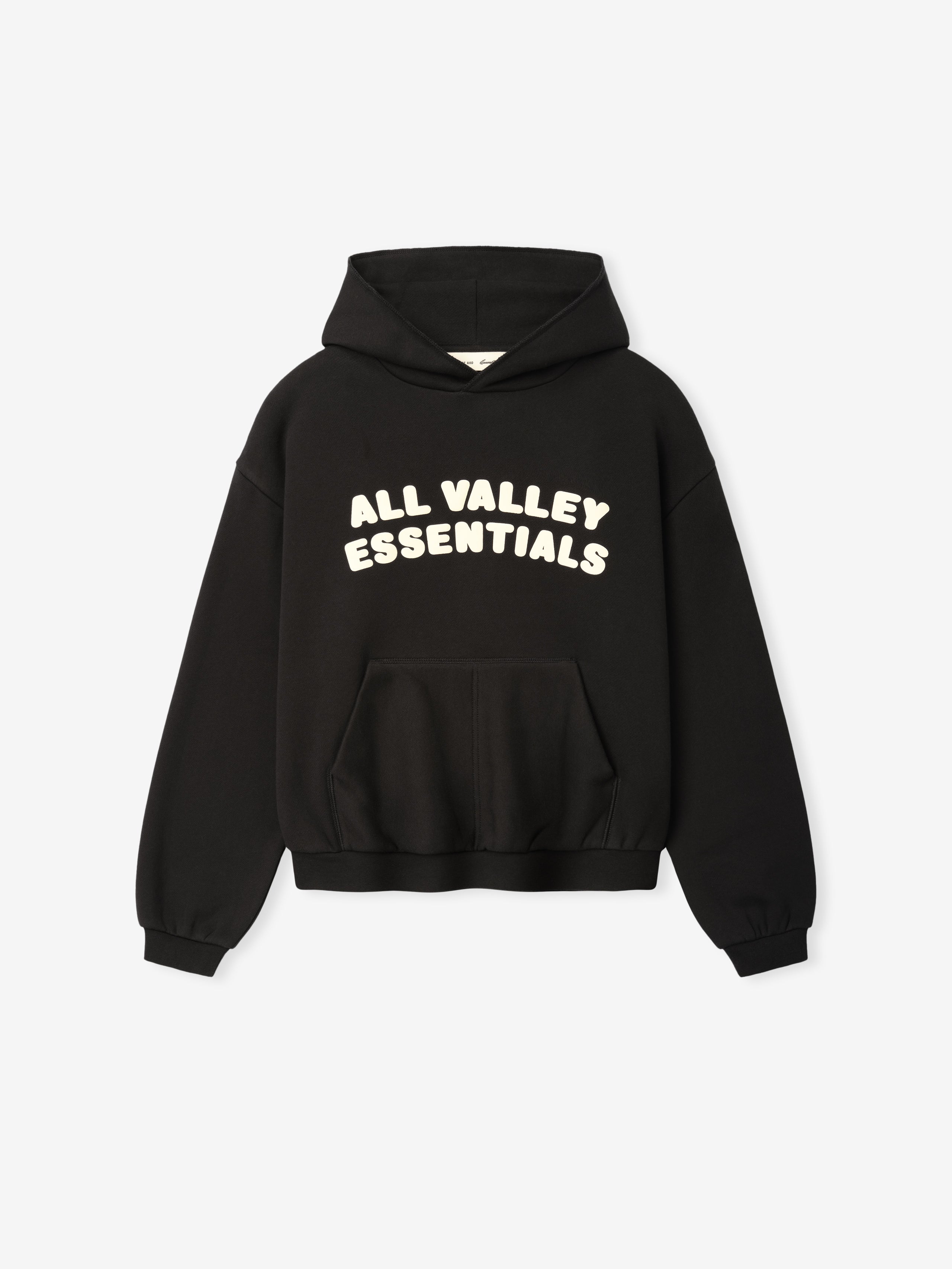 Kids 90'S Hoodie in vintage black featuring a front kangaroo pocket, cozy hood, and bold cream lettering for a stylish and comfortable outerwear option.