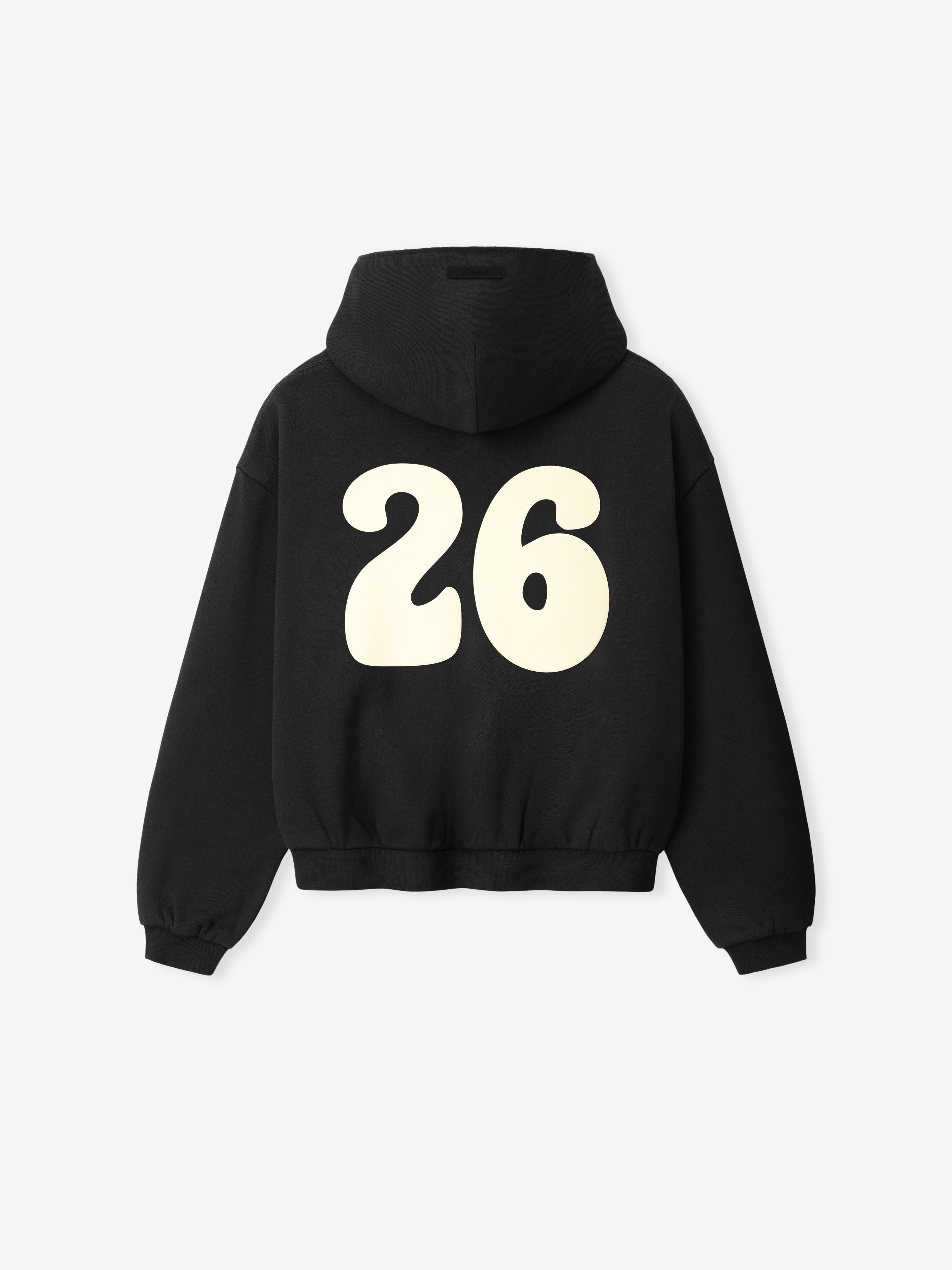 Kids 90'S Hoodie in vintage black with a large cream "26" graphic on the back, featuring a relaxed fit, ribbed cuffs, and a cozy hood for stylish outerwear.