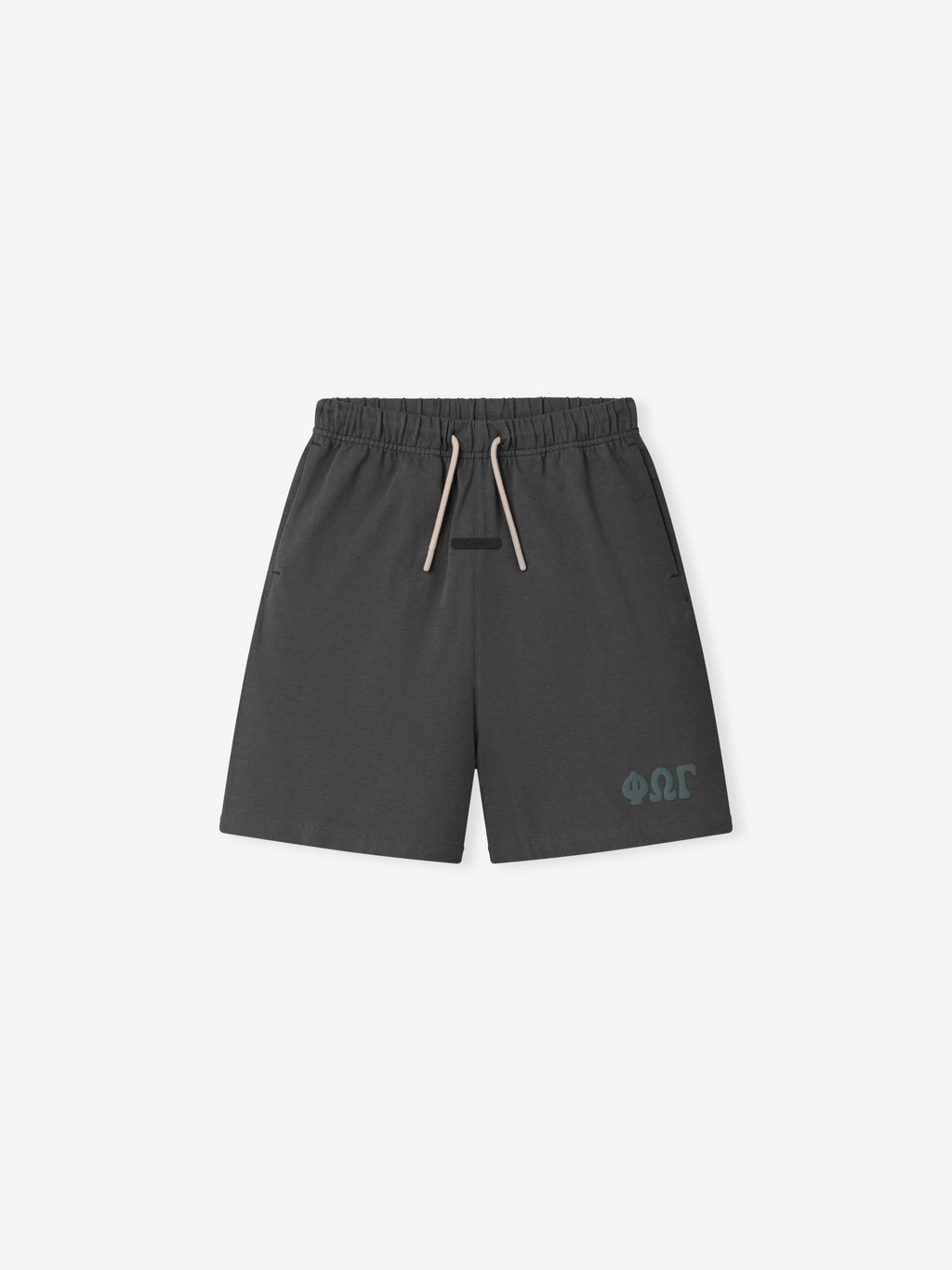 Kids 90'S Jersey Sweatshort in iron grey featuring an elastic waistband with drawstrings, side pockets, and subtle tonal branding on the front, designed for comfortable casual bottoms.