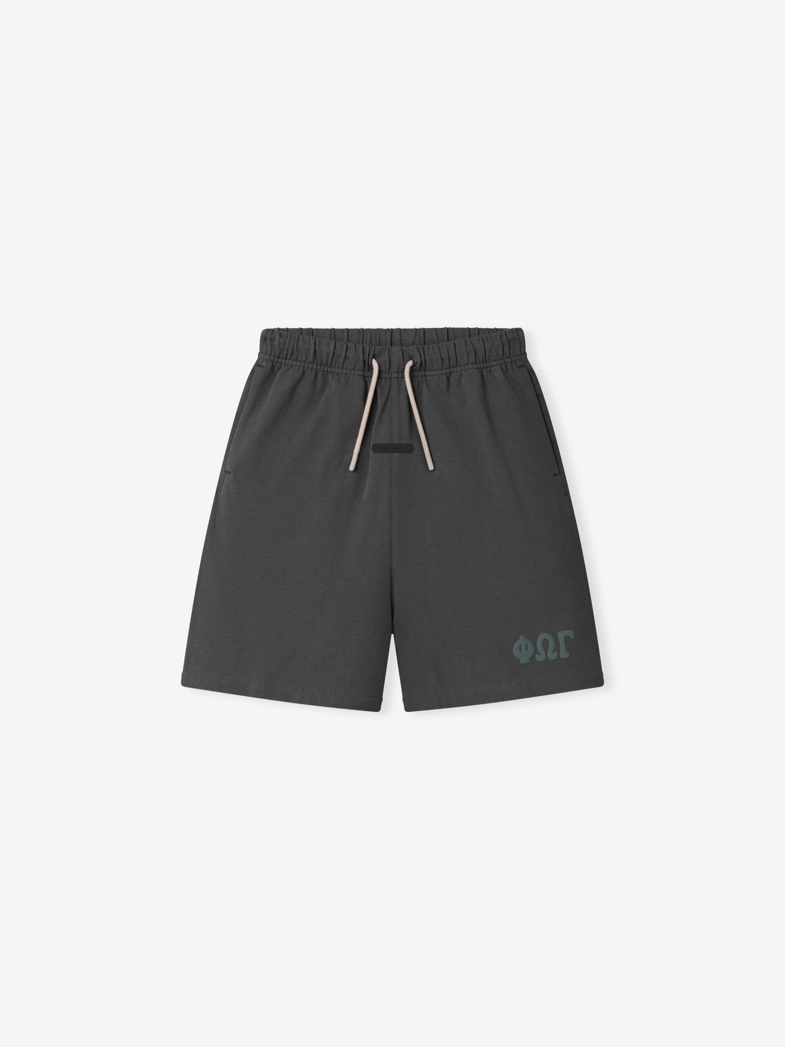 Kids 90'S Jersey Sweatshort in iron grey featuring an elastic waistband with drawstrings, side pockets, and subtle tonal branding on the front, designed for comfortable casual bottoms.
