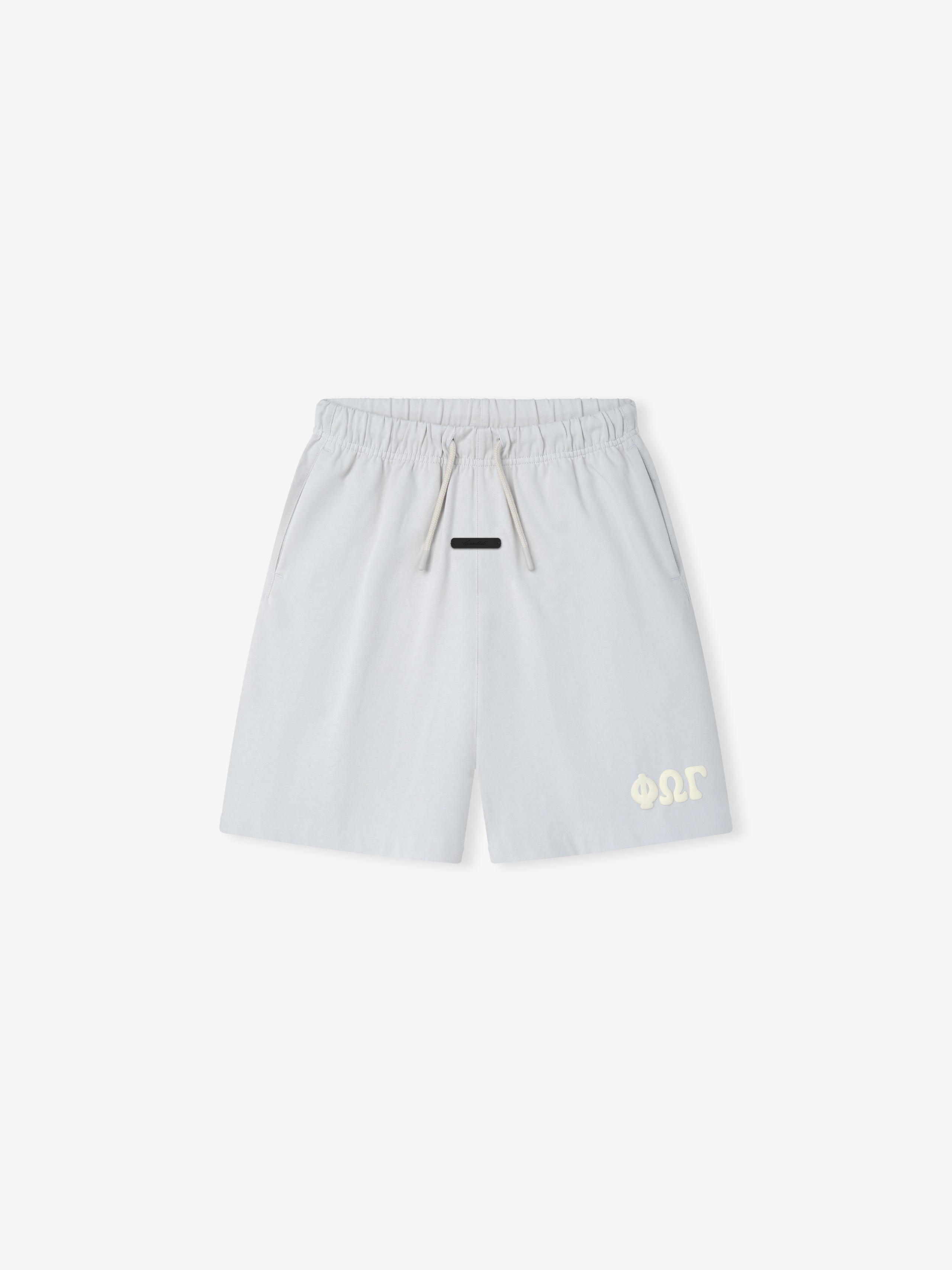 Kids 90'S Jersey Sweatshort in a light overcast shade featuring an adjustable drawstring waist, side pockets, and subtle branding near the hem for casual comfortable bottoms.