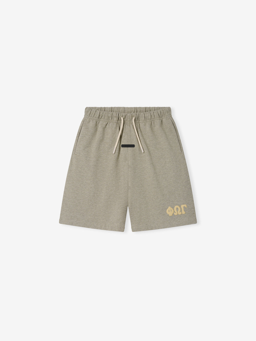 Kids 90'S Jersey Sweatshort in a muted grey-green tone, featuring an elastic waistband with drawstring, side pockets, and subtle yellow printed detail near the hem for relaxed kids' bottoms.