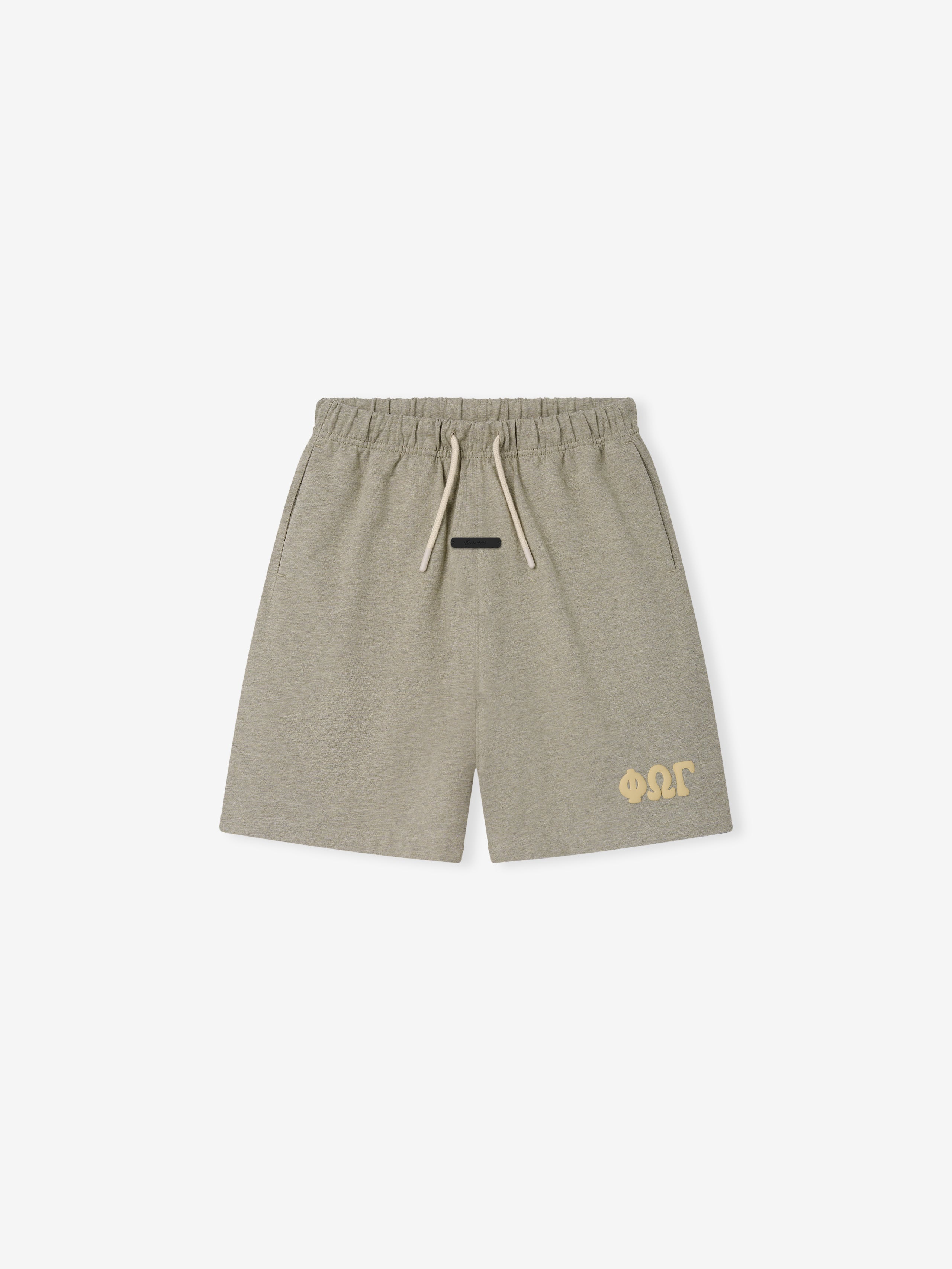 Kids 90'S Jersey Sweatshort in a muted grey-green tone, featuring an elastic waistband with drawstring, side pockets, and subtle yellow printed detail near the hem for relaxed kids' bottoms.