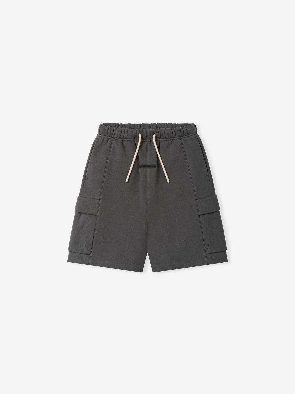 Kids Fleece Cargo Basketball Short in a dark grey shade featuring an elastic waistband with beige drawstrings, side pockets, and cargo detailing for a comfortable and sporty look.