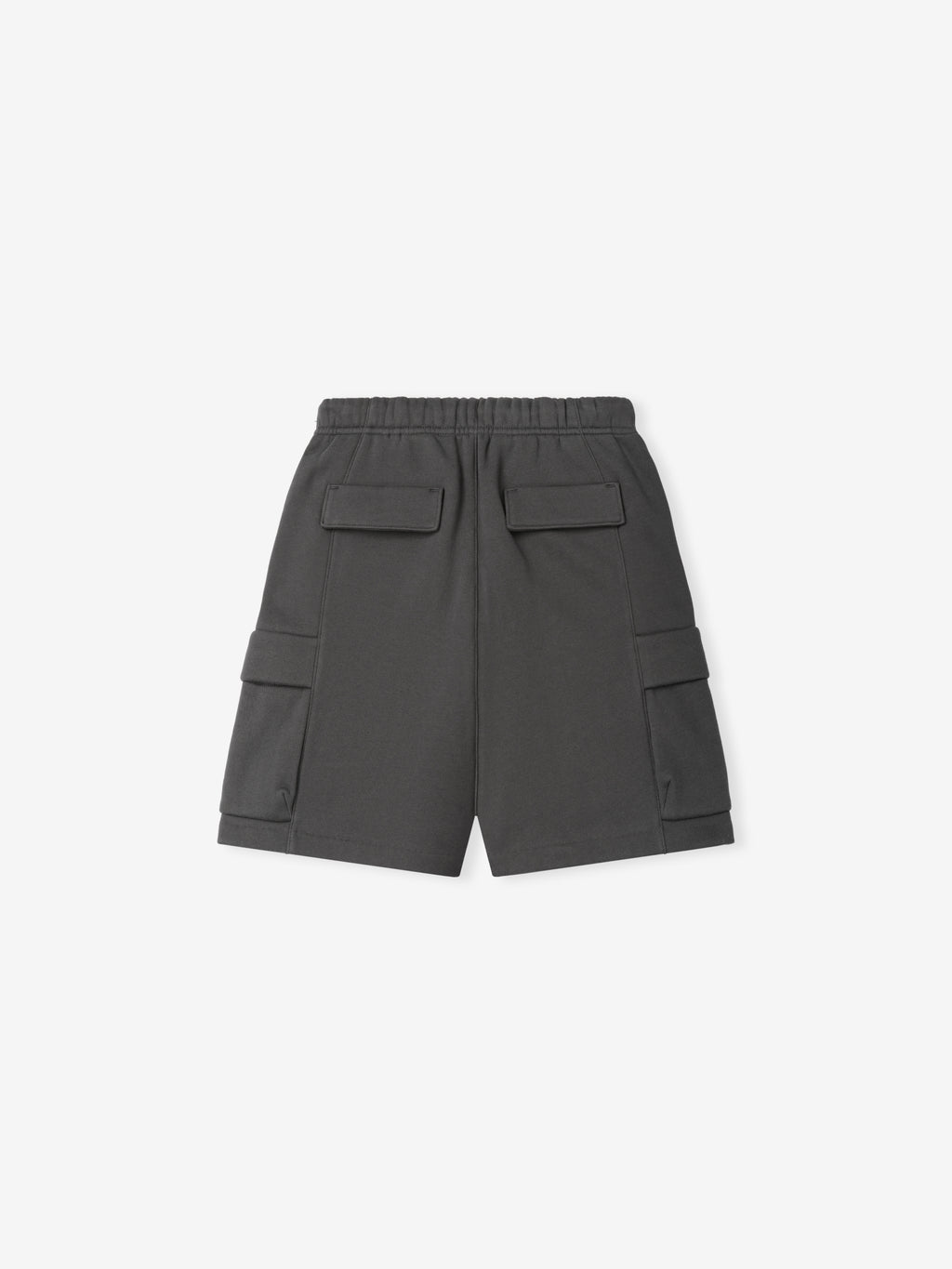Kids Fleece Cargo Basketball Short in a dark grey tone featuring a comfortable elastic waistband, large cargo pockets on the sides, and flap pockets on the back for practical casual bottoms.