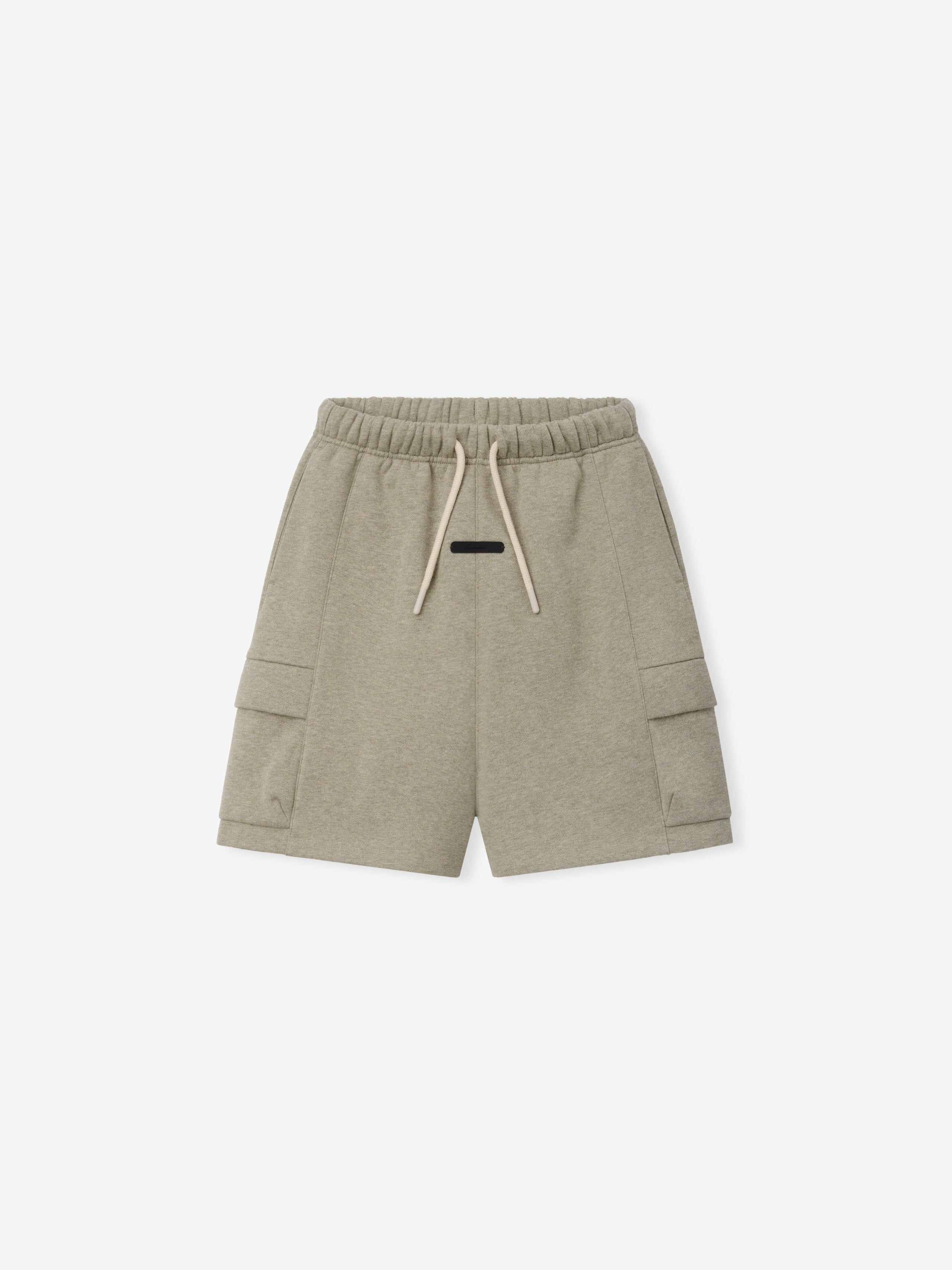 Kids Fleece Cargo Basketball Short in a soft beige tone with an elastic waistband and drawstring, featuring practical side cargo pockets for comfortable and versatile kids' bottoms.