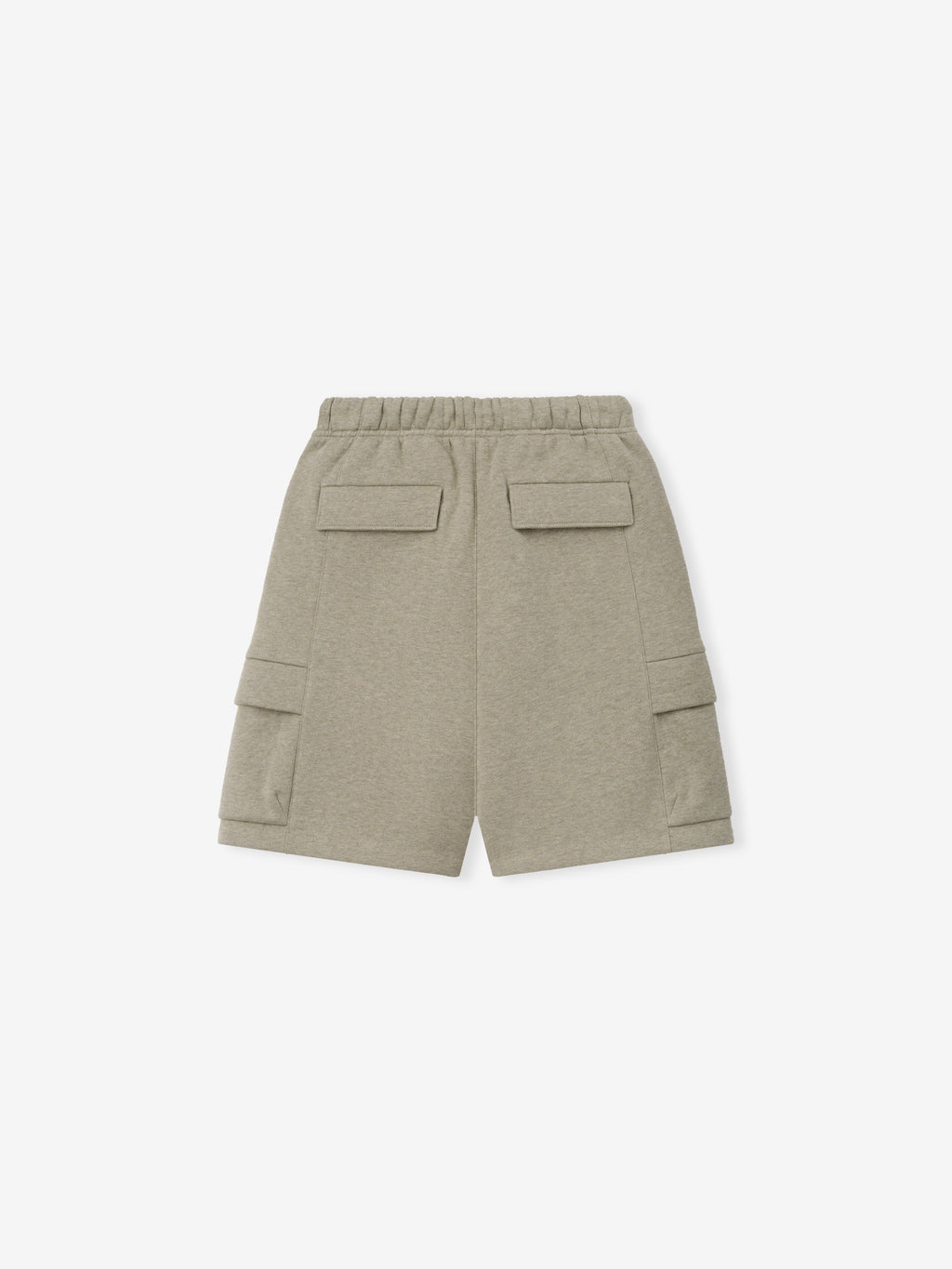 Kids Fleece Cargo Basketball Short in a soft beige-green hue, featuring an elastic waistband, multiple flap pockets on the back and sides, designed for comfortable and practical kids' bottoms.