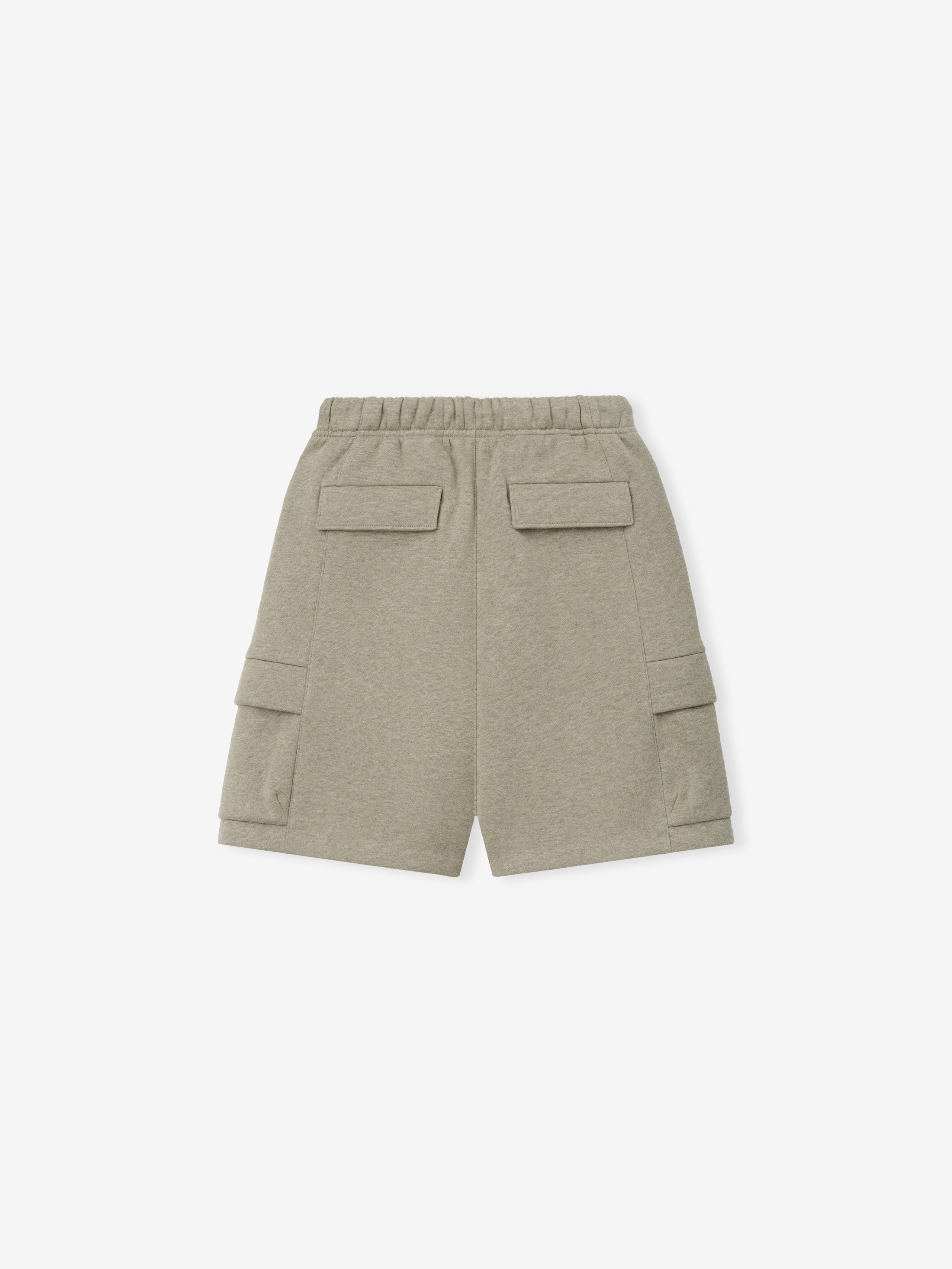 Kids Fleece Cargo Basketball Short in a soft beige-green hue, featuring an elastic waistband, multiple flap pockets on the back and sides, designed for comfortable and practical kids' bottoms.
