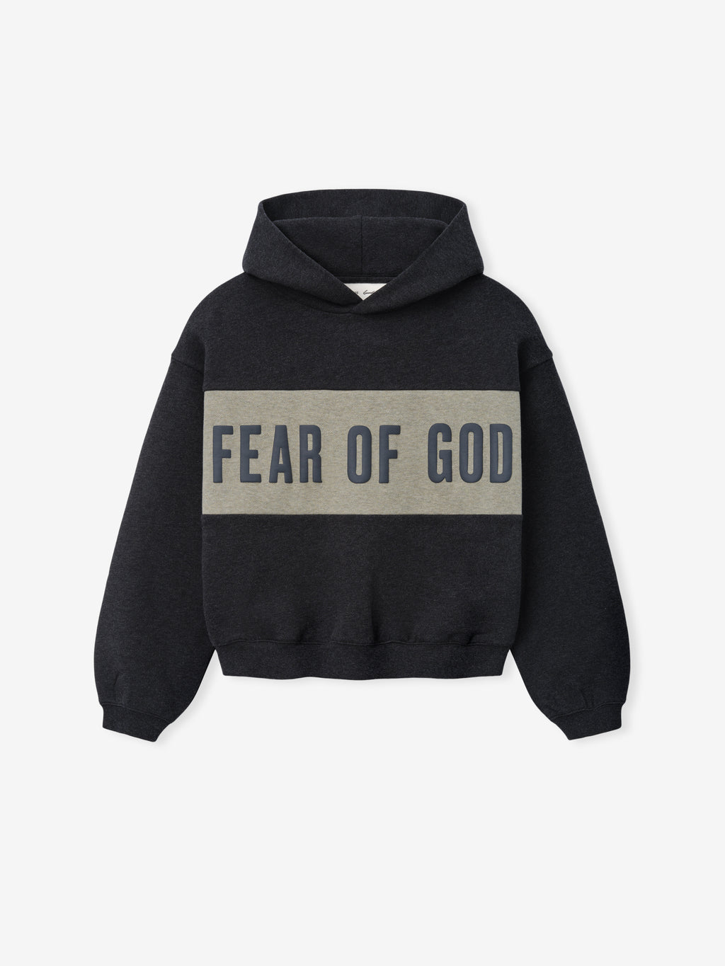 Kids Cropped Relaxed Panelled Hoodie in a deep charcoal tone, featuring a broad contrasting panel across the chest with bold "Fear of God" lettering for a stylish kids outerwear top.