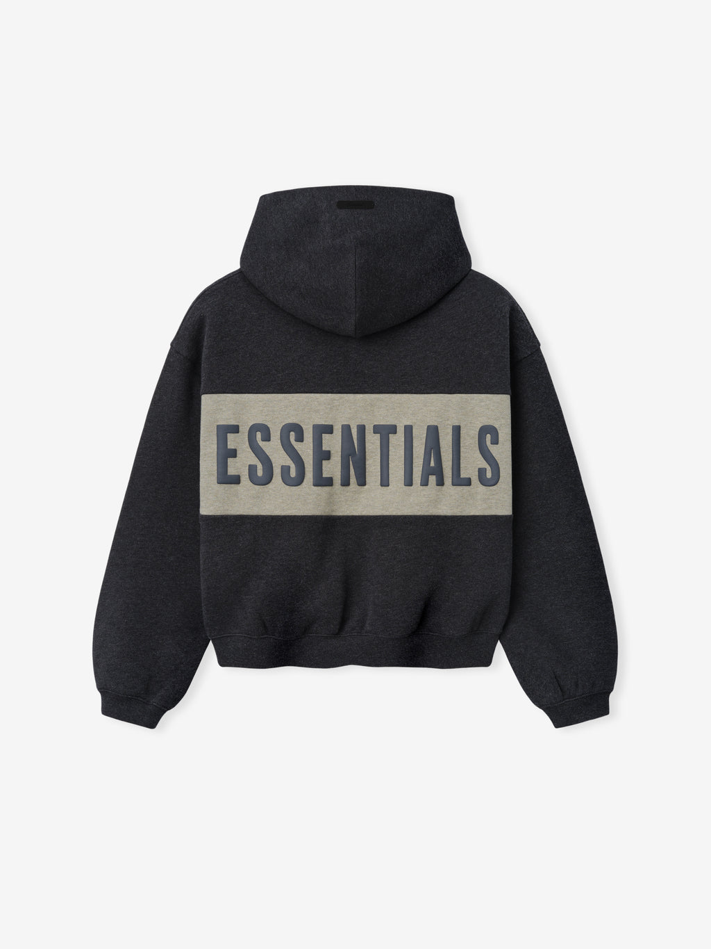 Kids Cropped Relaxed Panelled Hoodie in a dark grey shade with a wide light grey horizontal panel across the back featuring bold "ESSENTIALS" lettering, designed as comfortable kids outerwear.
