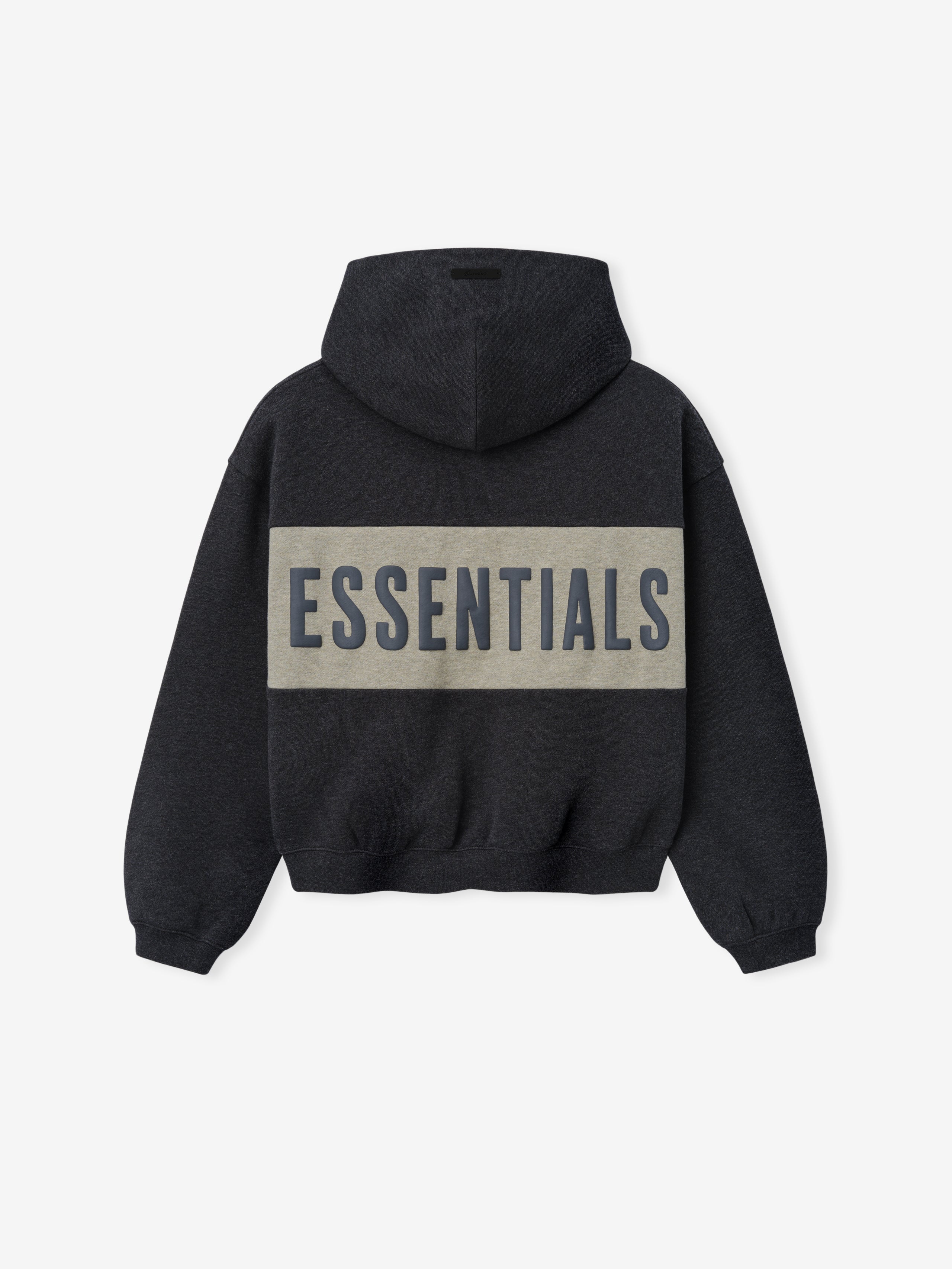 Kids Cropped Relaxed Panelled Hoodie in a dark grey shade with a wide light grey horizontal panel across the back featuring bold "ESSENTIALS" lettering, designed as comfortable kids outerwear.