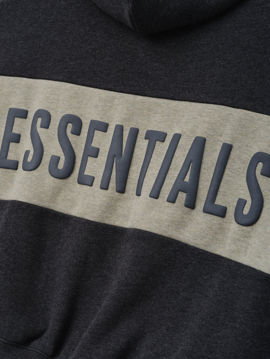 Kids Cropped Relaxed Panelled Hoodie in iron grey heather featuring a wide contrasting light grey panel across the chest with raised essentials lettering for stylish kids outerwear.