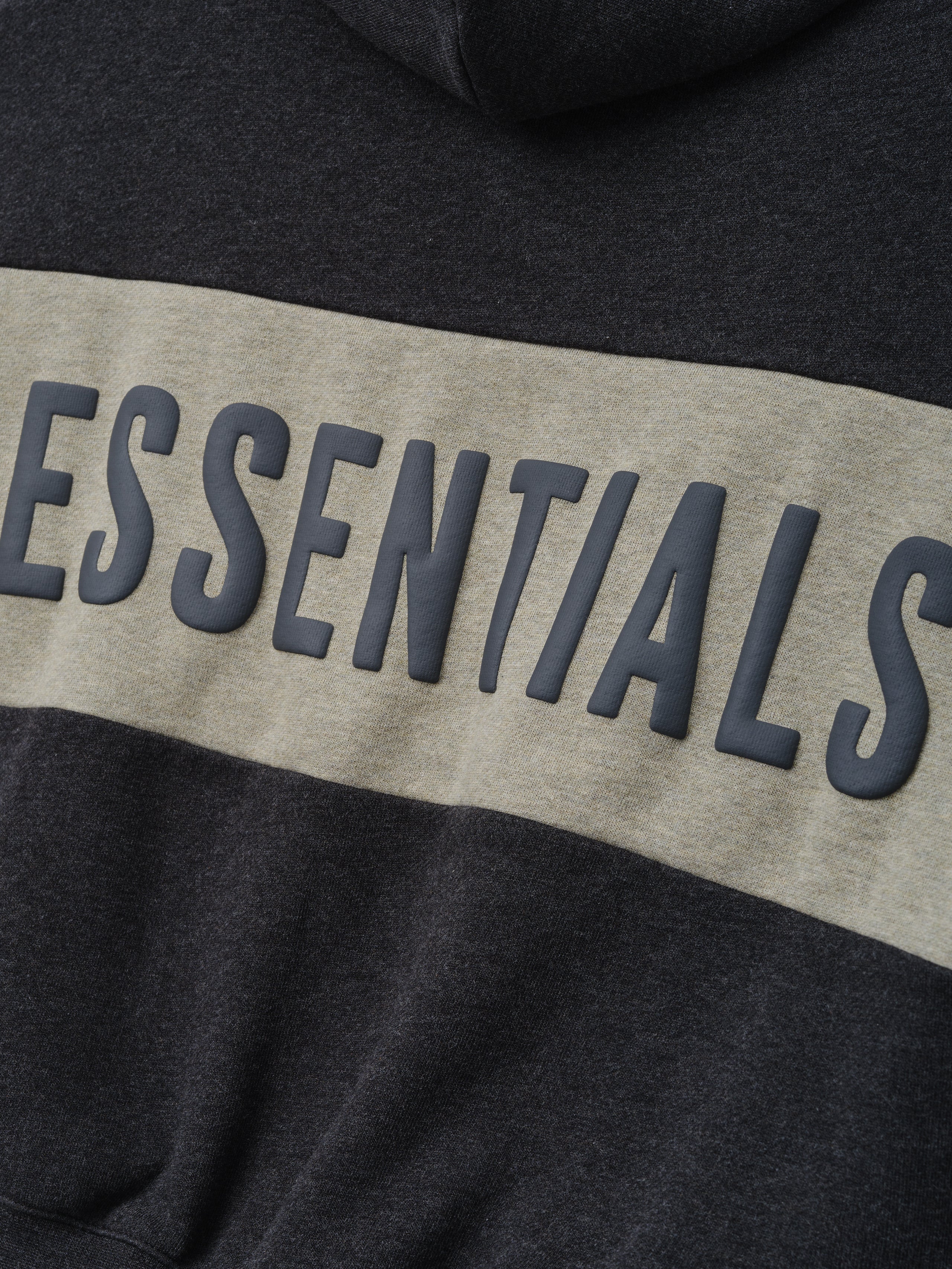 Kids Cropped Relaxed Panelled Hoodie in iron grey heather featuring a wide contrasting light grey panel across the chest with raised essentials lettering for stylish kids outerwear.