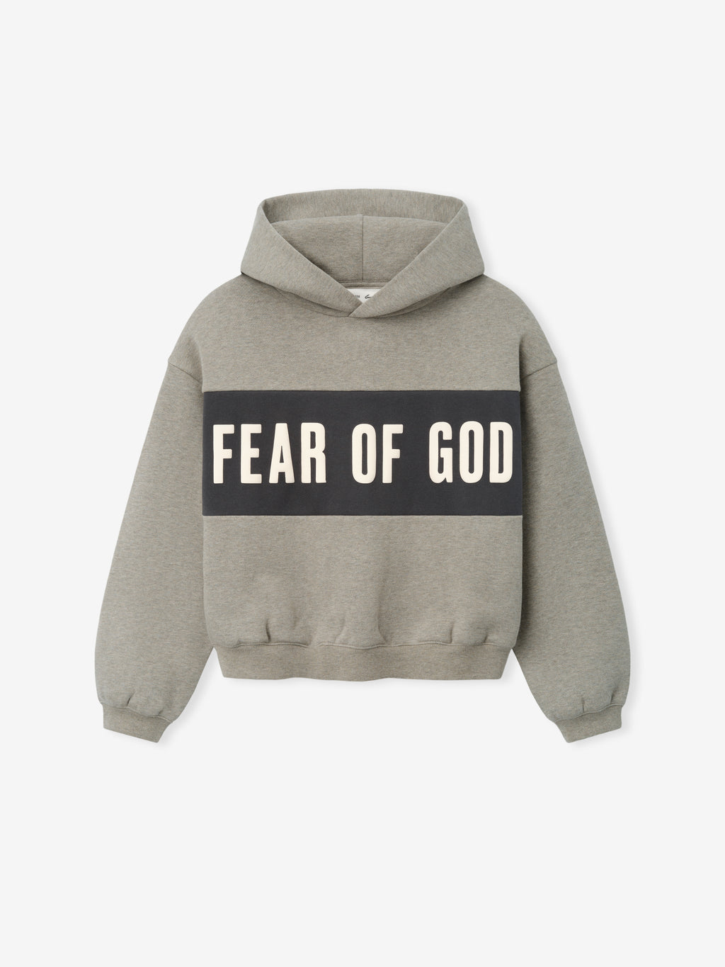 Kids Cropped Relaxed Panelled Hoodie in a muted heather grey tone with a wide dark grey panel across the chest featuring bold "Fear of God" lettering, designed as a cozy kids outerwear top.