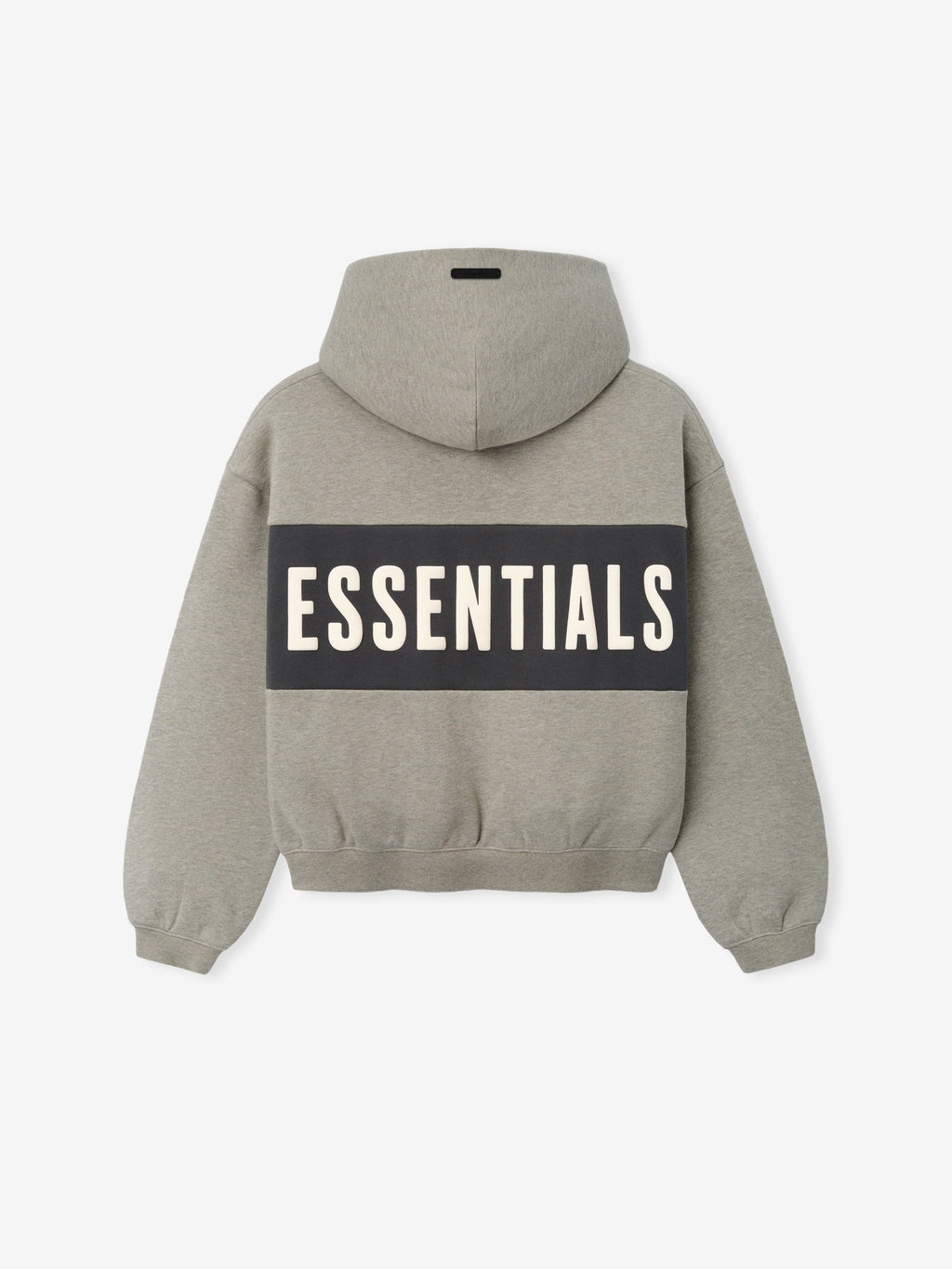 Kids Cropped Relaxed Panelled Hoodie in a muted grey tone with a contrasting dark panel across the back displaying bold "ESSENTIALS" lettering, designed as a cozy kids outerwear top.