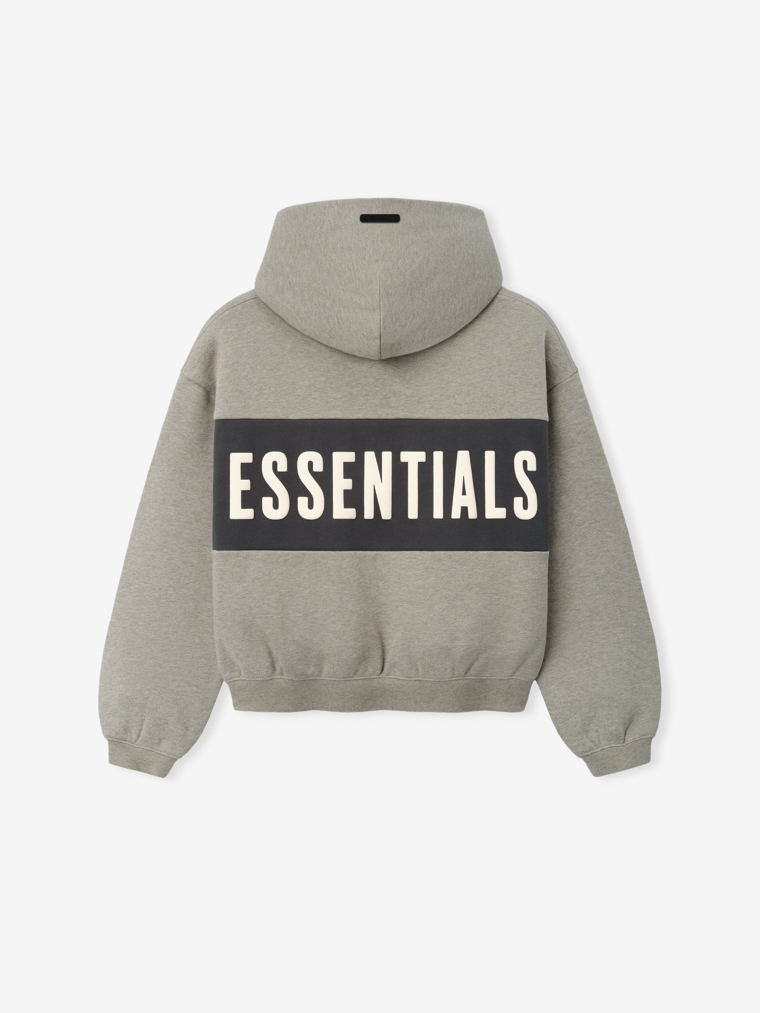 Kids Cropped Relaxed Panelled Hoodie in a muted grey tone with a contrasting dark panel across the back displaying bold "ESSENTIALS" lettering, designed as a cozy kids outerwear top.