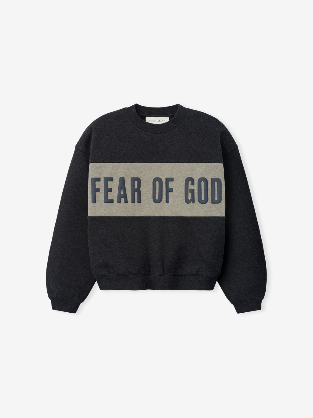 Kids Cropped Relaxed Panelled Sweatshirt in deep charcoal with a broad muted grey panel across the chest featuring bold "Fear of God" lettering for a casual kids outerwear top.