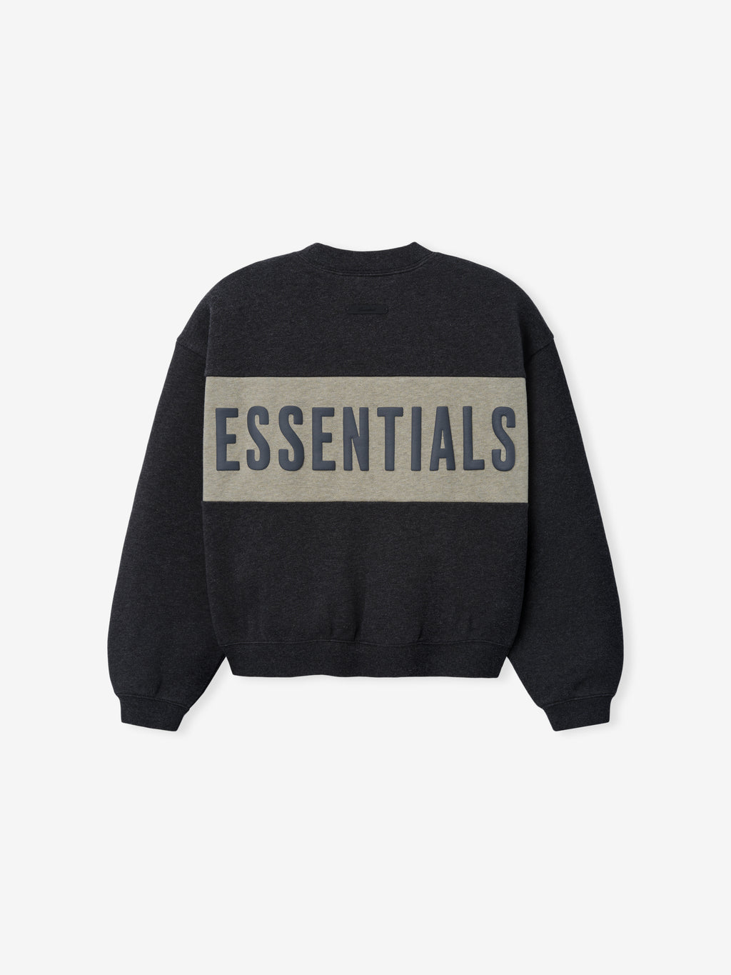 Kids Cropped Relaxed Panelled Sweatshirt in dark charcoal with a wide light grey panel across the back featuring bold "ESSENTIALS" lettering for casual kids outerwear.
