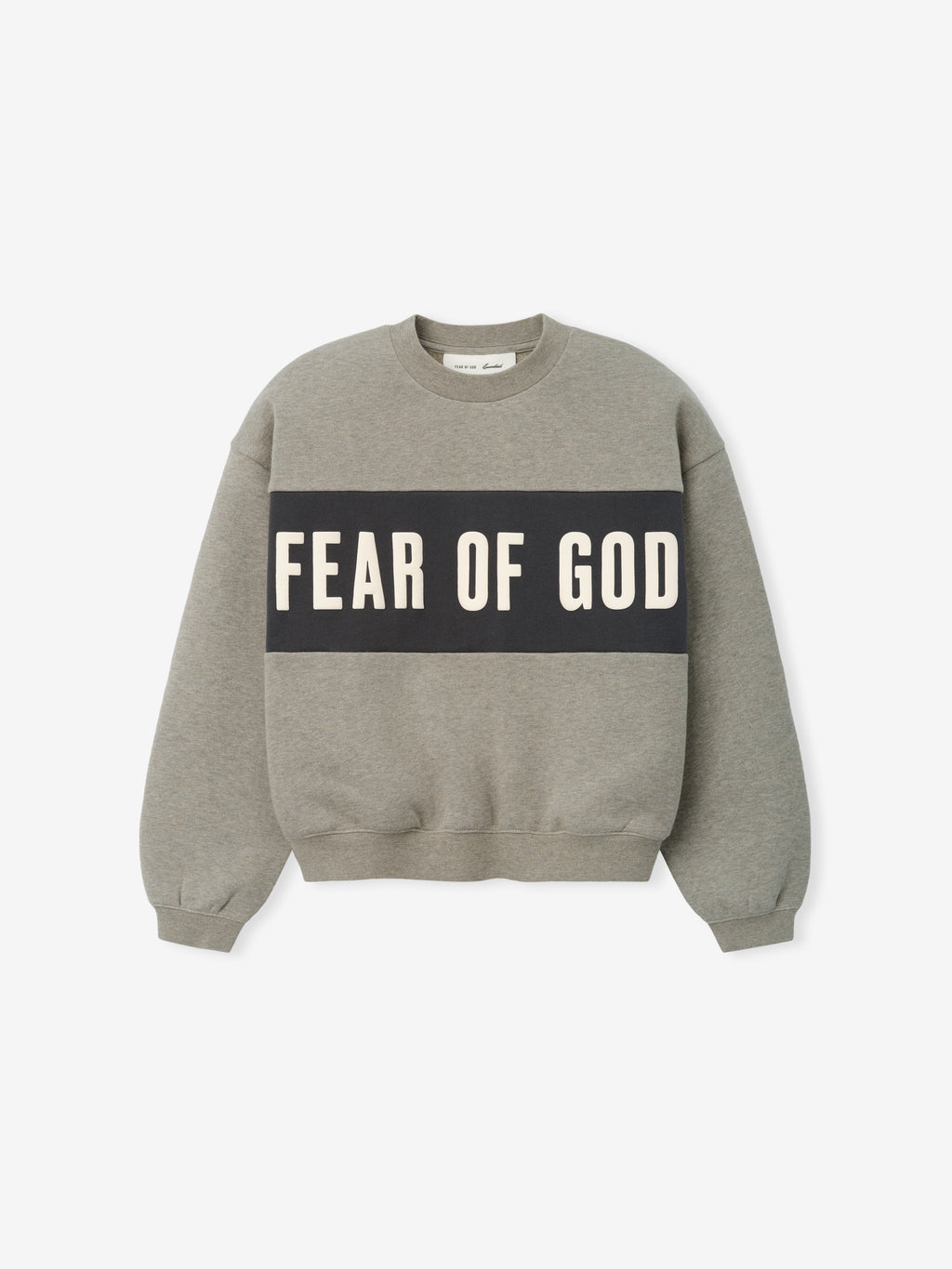 Kids Cropped Relaxed Panelled Sweatshirt in muted grey with a wide contrasting dark panel across the chest featuring bold Fear of God lettering, designed as stylish kids outerwear.