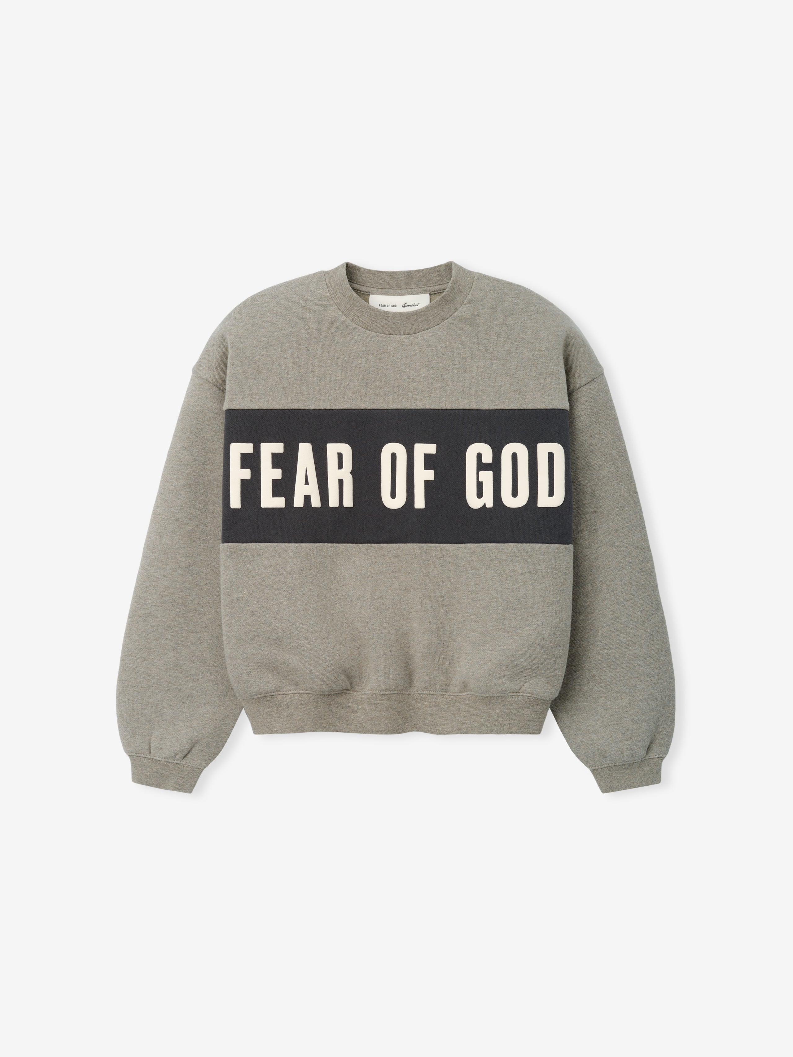 Kids Cropped Relaxed Panelled Sweatshirt in muted grey with a wide contrasting dark panel across the chest featuring bold Fear of God lettering, designed as stylish kids outerwear.