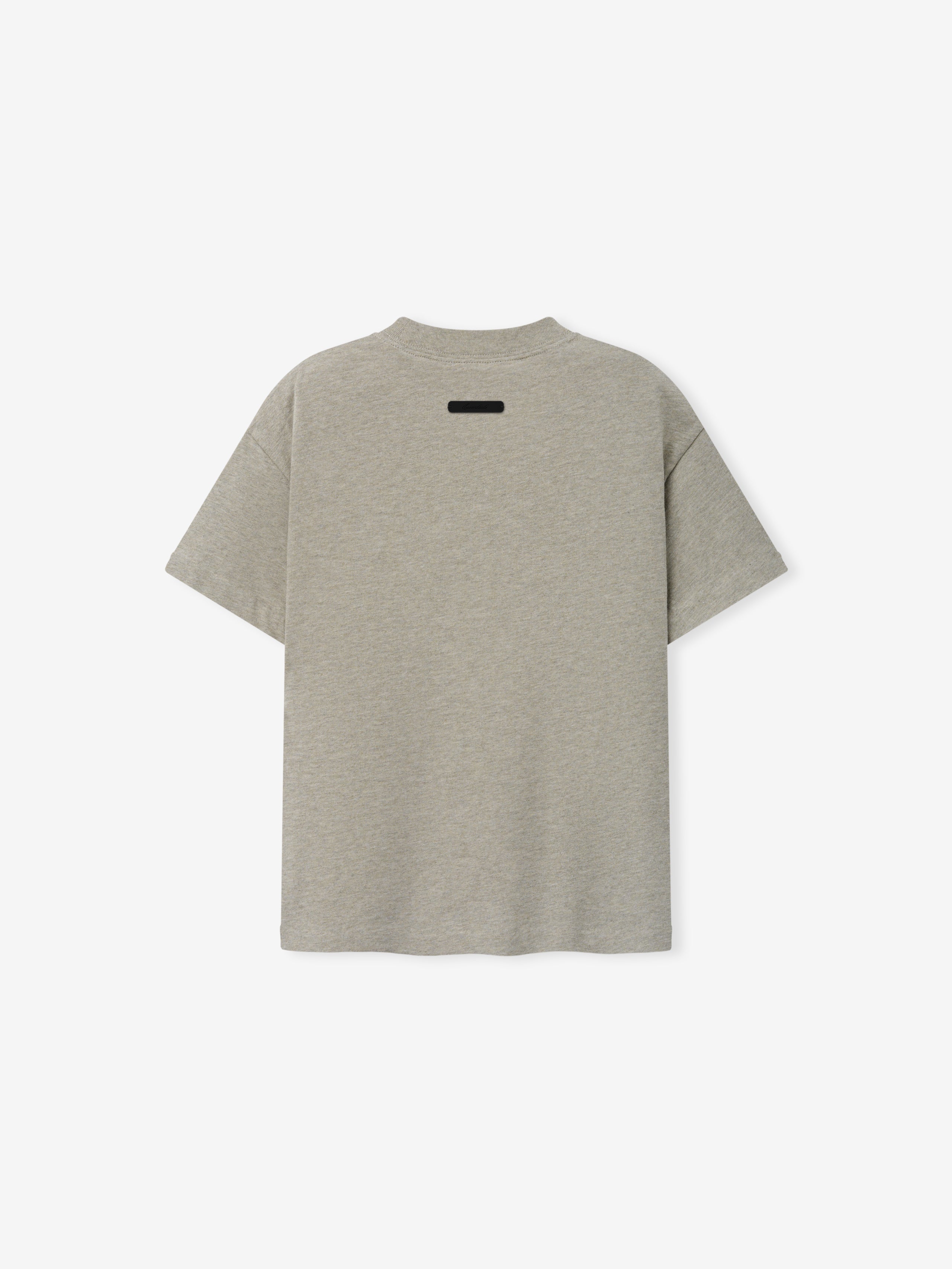Kids Tri-Blend Essential Tee in muted seal heather shown from the back, featuring a relaxed fit and a small black rectangular label near the neckline for subtle branding.