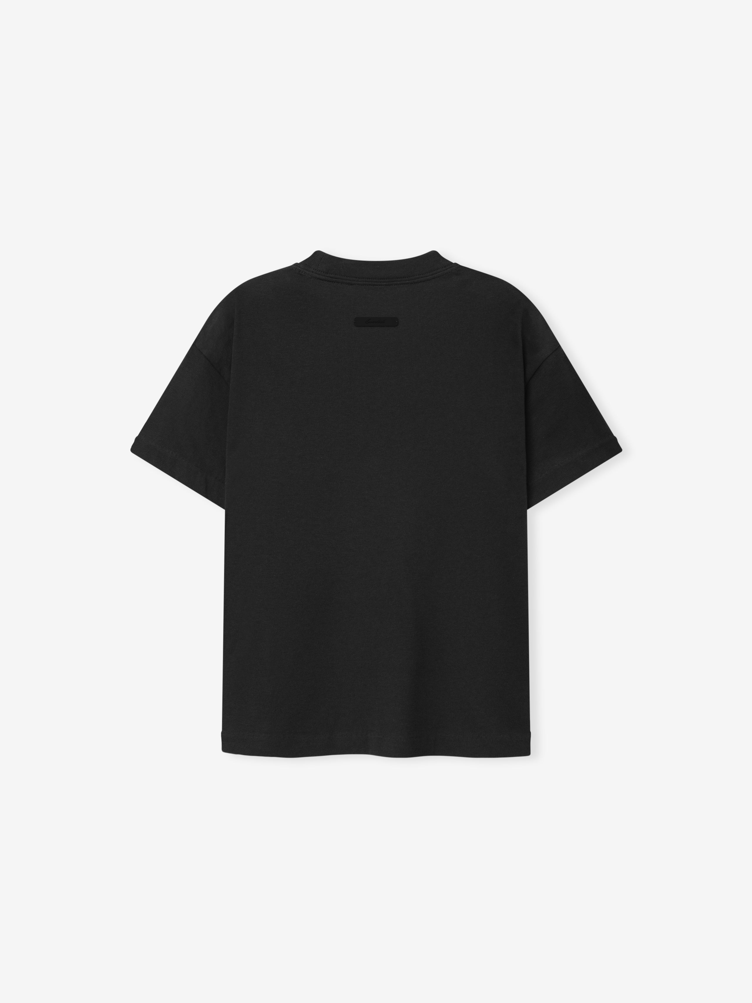 Kids Tri-Blend Essential Tee in deep black shown from the back, featuring a relaxed fit and a small tonal label near the neckline for subtle branded detail on this casual kids top.