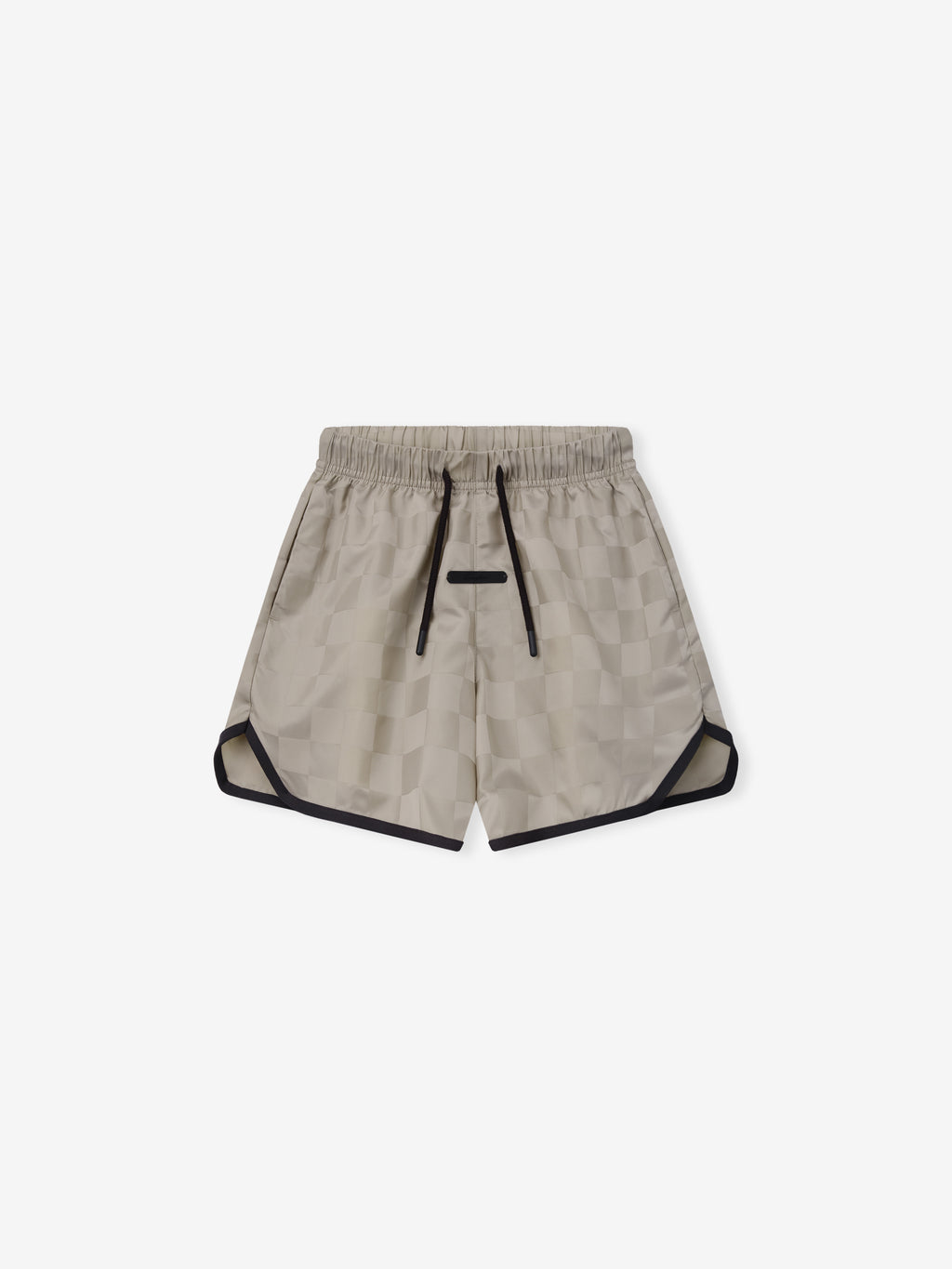 Kids Gym Short in a muted seal tone featuring a subtle checkerboard pattern, elastic waistband with black drawstrings, and contrasting black trim along the curved hems.