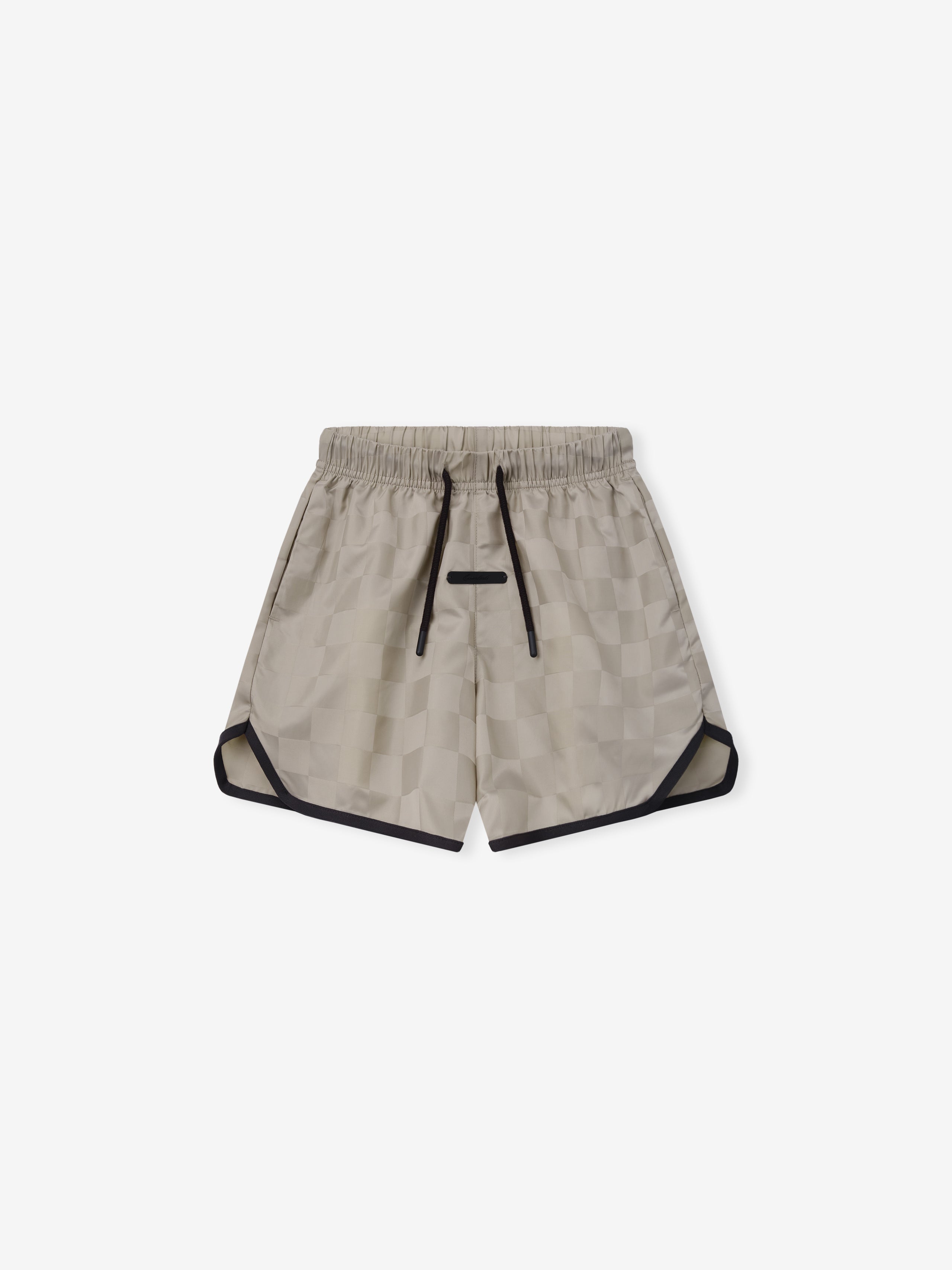 Kids Gym Short in a muted seal tone featuring a subtle checkerboard pattern, elastic waistband with black drawstrings, and contrasting black trim along the curved hems.