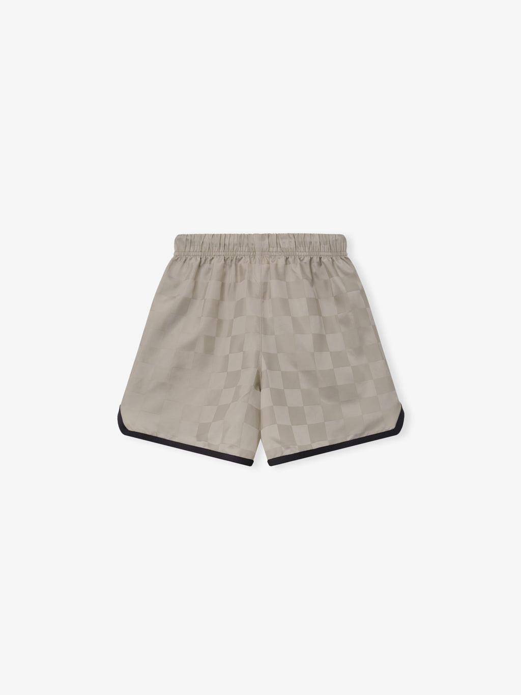 Kids Gym Short in light beige with a subtle checkered pattern, featuring an elastic waistband and black trim along the curved hems for a sporty look.