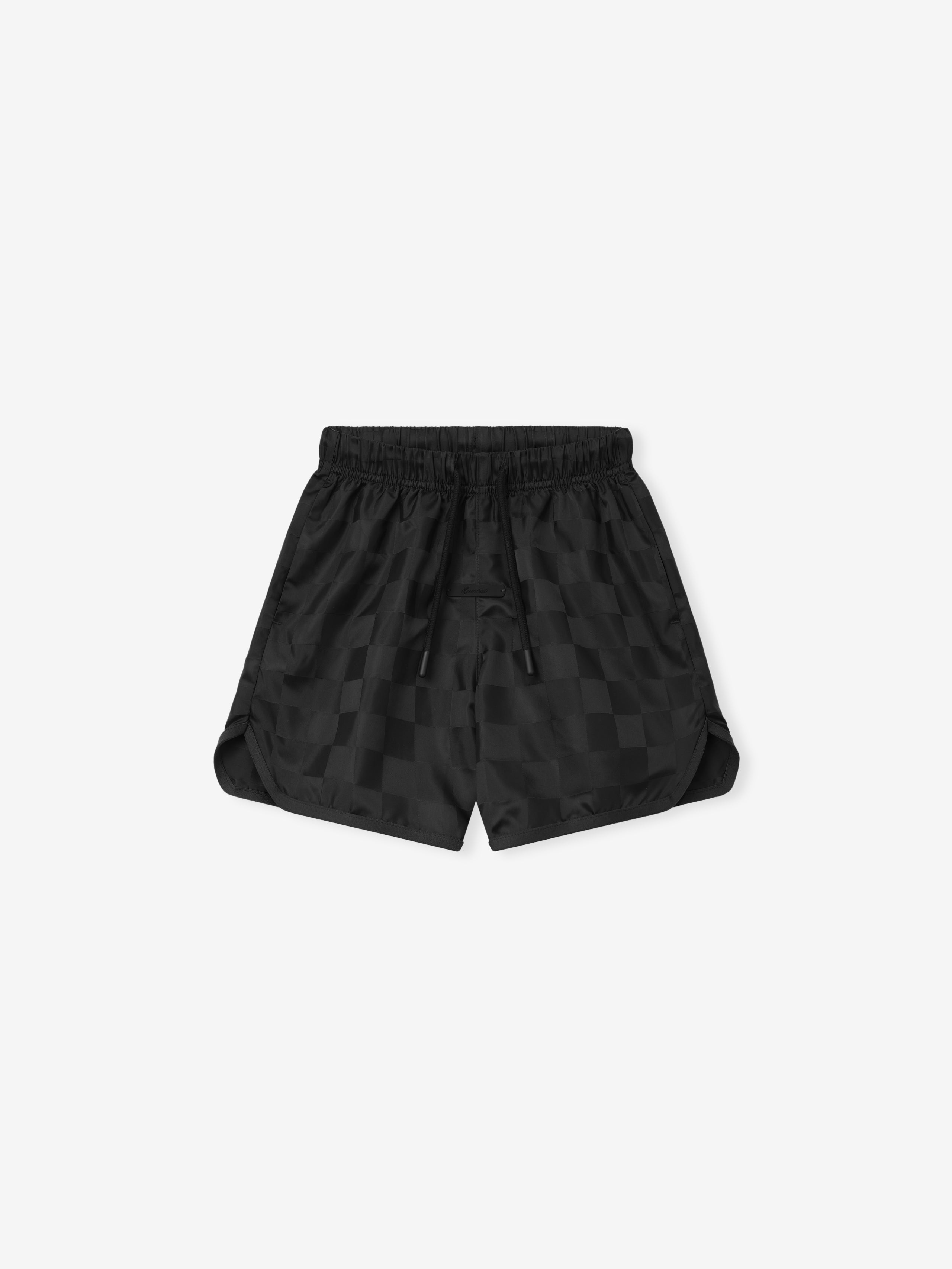 Kids Nylon Checkered Gym Short in deep black with a subtle tonal checkerboard pattern, featuring an elastic waistband and black drawstrings for adjustable comfort in activewear bottoms.