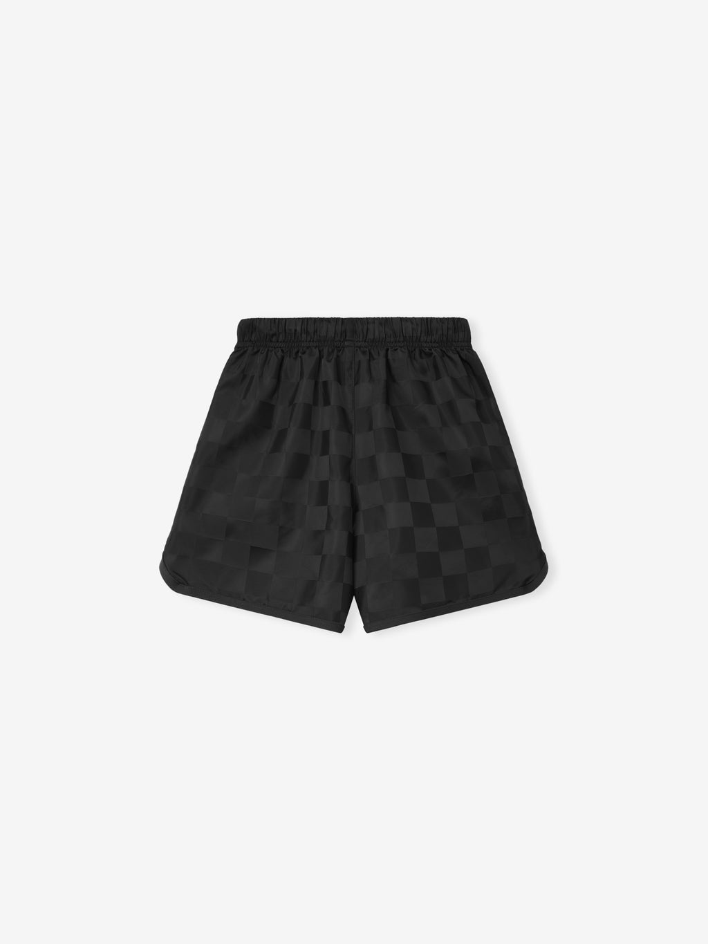 Kids Nylon Checkered Gym Short in black featuring a subtle checkerboard pattern, elastic waistband, and a lightweight design ideal for comfortable activewear bottoms.