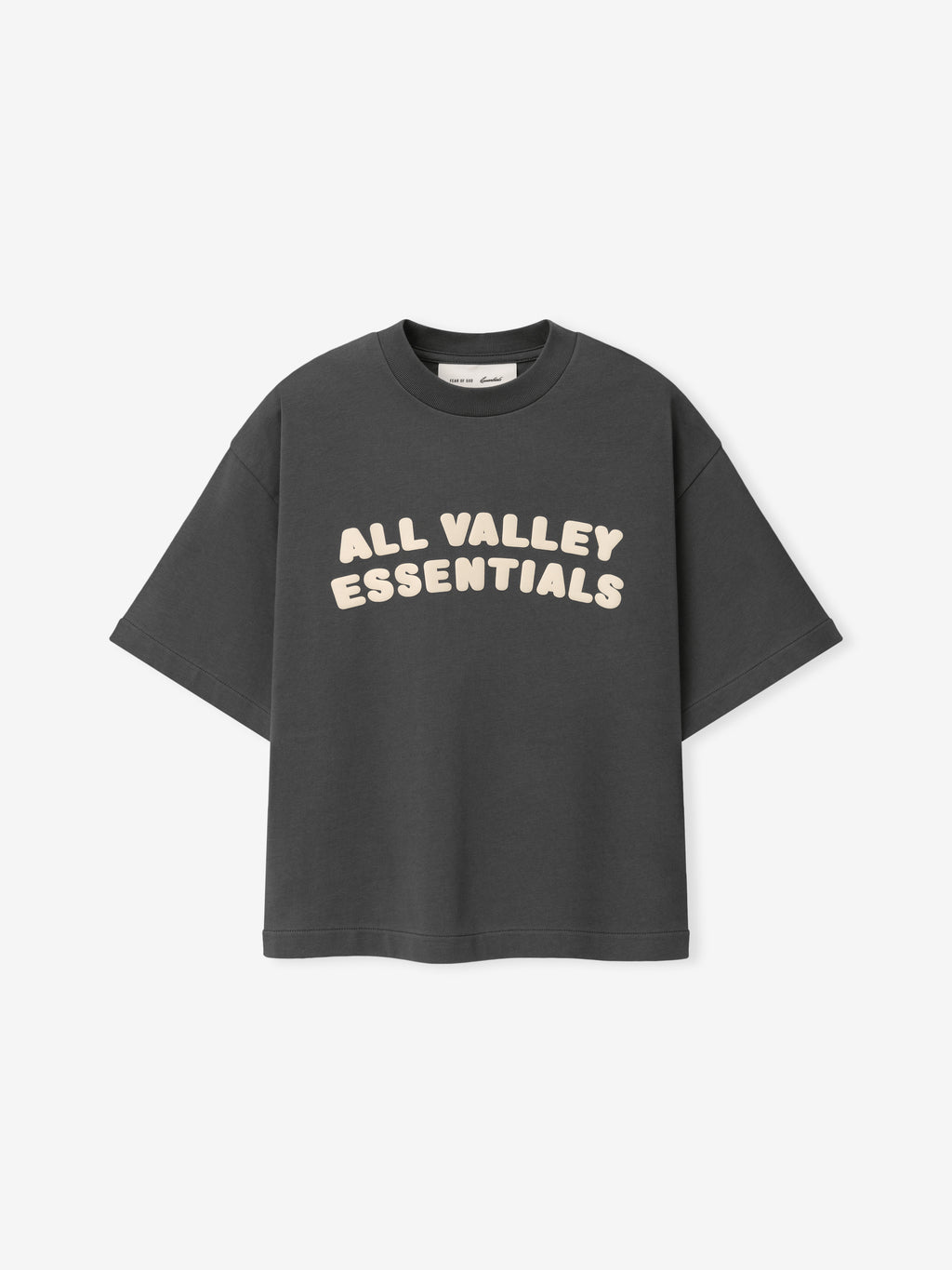 Kids Merch Tee in dark gray fabric featuring cream-colored bold text "ALL VALLEY ESSENTIALS" in playful rounded font across the chest for a casual kids top.
