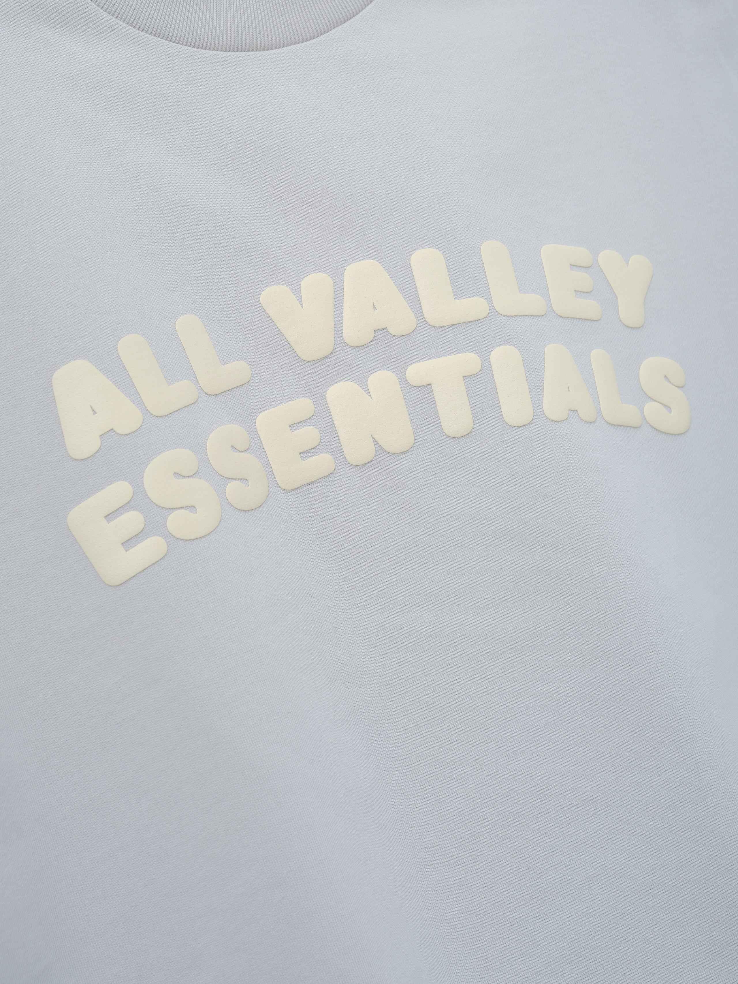 Kids Merch Tee in pale gray fabric featuring soft cream-colored raised text "ALL VALLEY ESSENTIALS" arranged in a curved design for a comfortable casual kids' top.