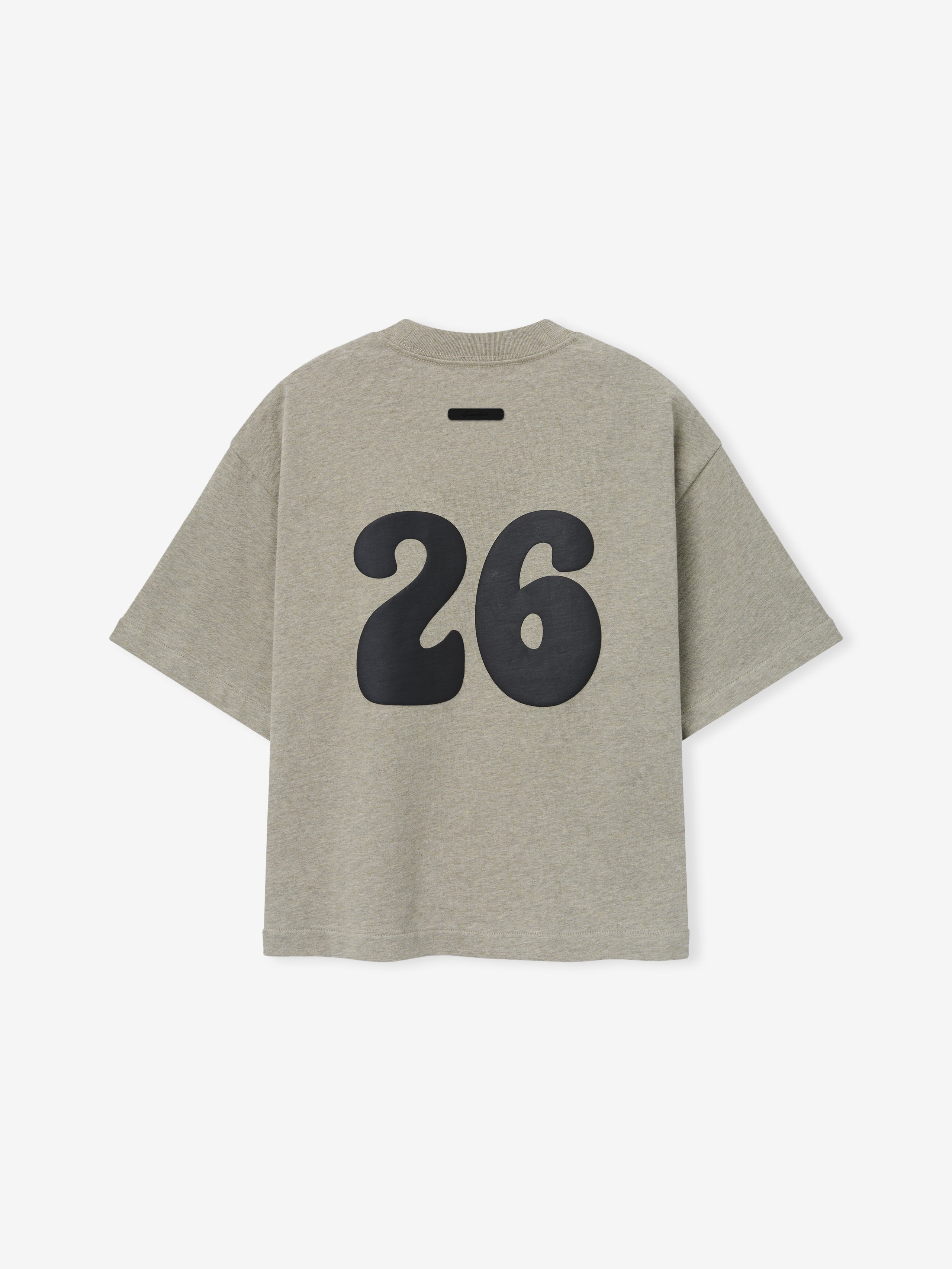Kids Merch Tee in muted gray fabric featuring a large black number "26" in a rounded font on the back, designed for a relaxed and sporty kids' top.