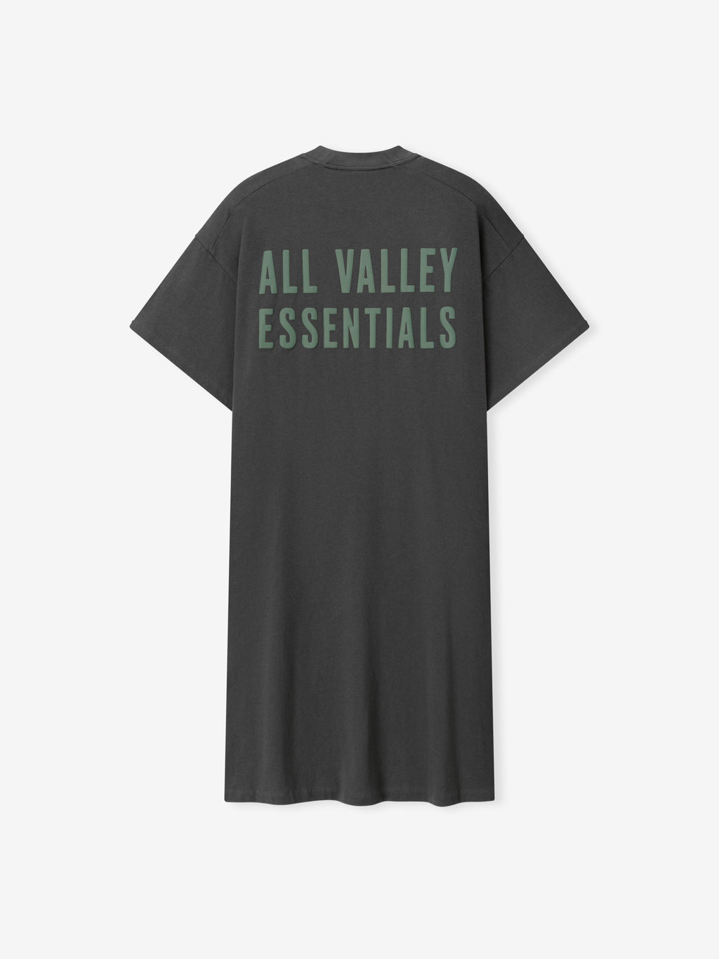 Womens Long TShirt Dress in muted dark gray with a relaxed fit, short sleeves, crew neckline, and bold green lettering "ALL VALLEY ESSENTIALS" printed across the back.