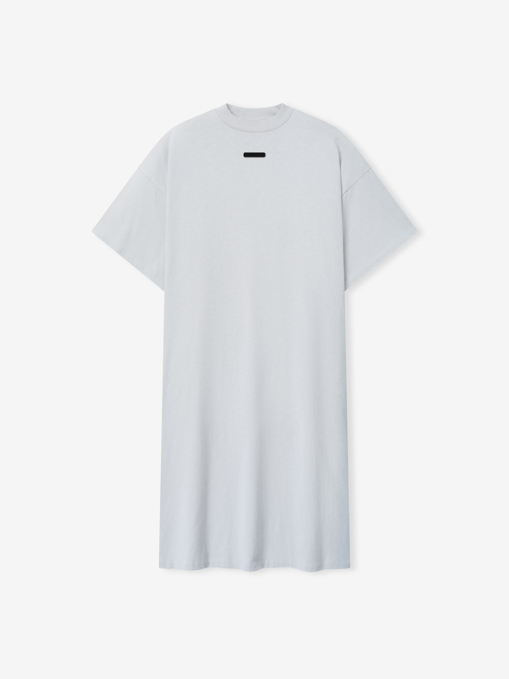 Womens Long TShirt Dress in light gray with a simple, relaxed fit, featuring short sleeves, a crew neckline, and a minimal black rectangular detail on the upper chest.