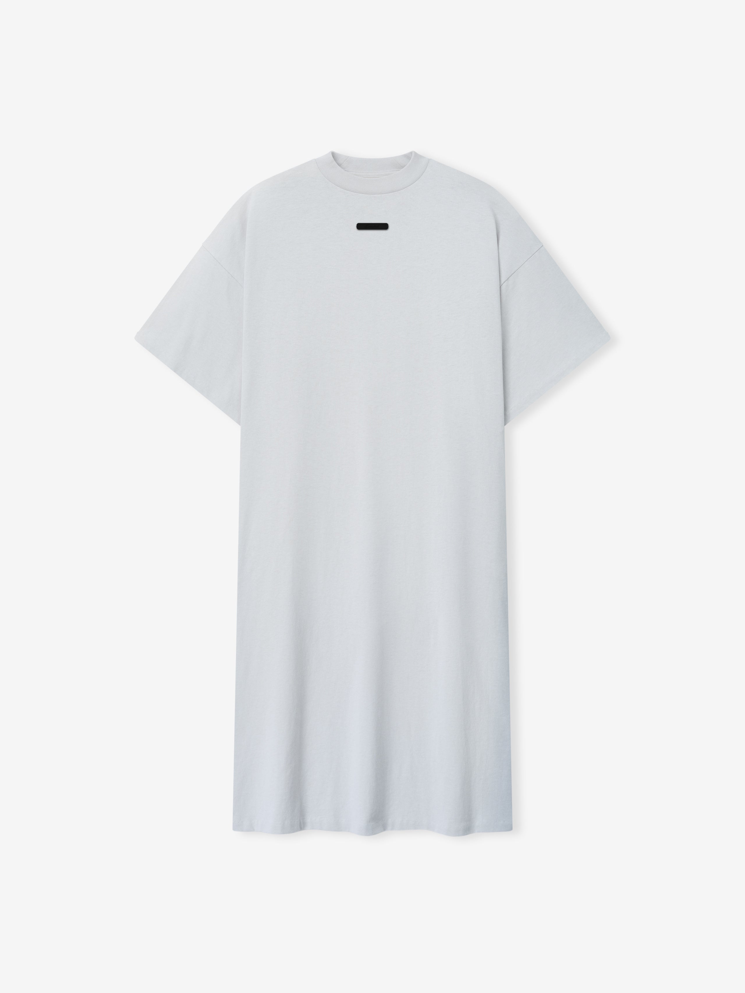 Womens Long TShirt Dress in light gray with a simple, relaxed fit, featuring short sleeves, a crew neckline, and a minimal black rectangular detail on the upper chest.