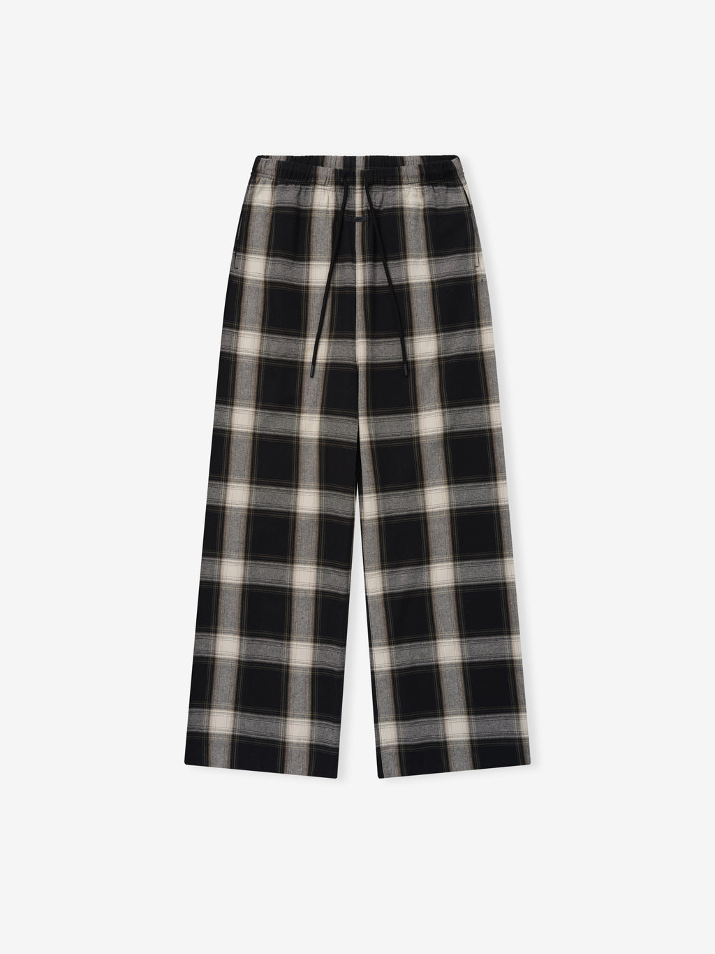 Womens Flannel Lounge Pant in a classic black and gray plaid pattern with a relaxed wide-leg cut, featuring an elastic waistband and adjustable drawstring for comfort.