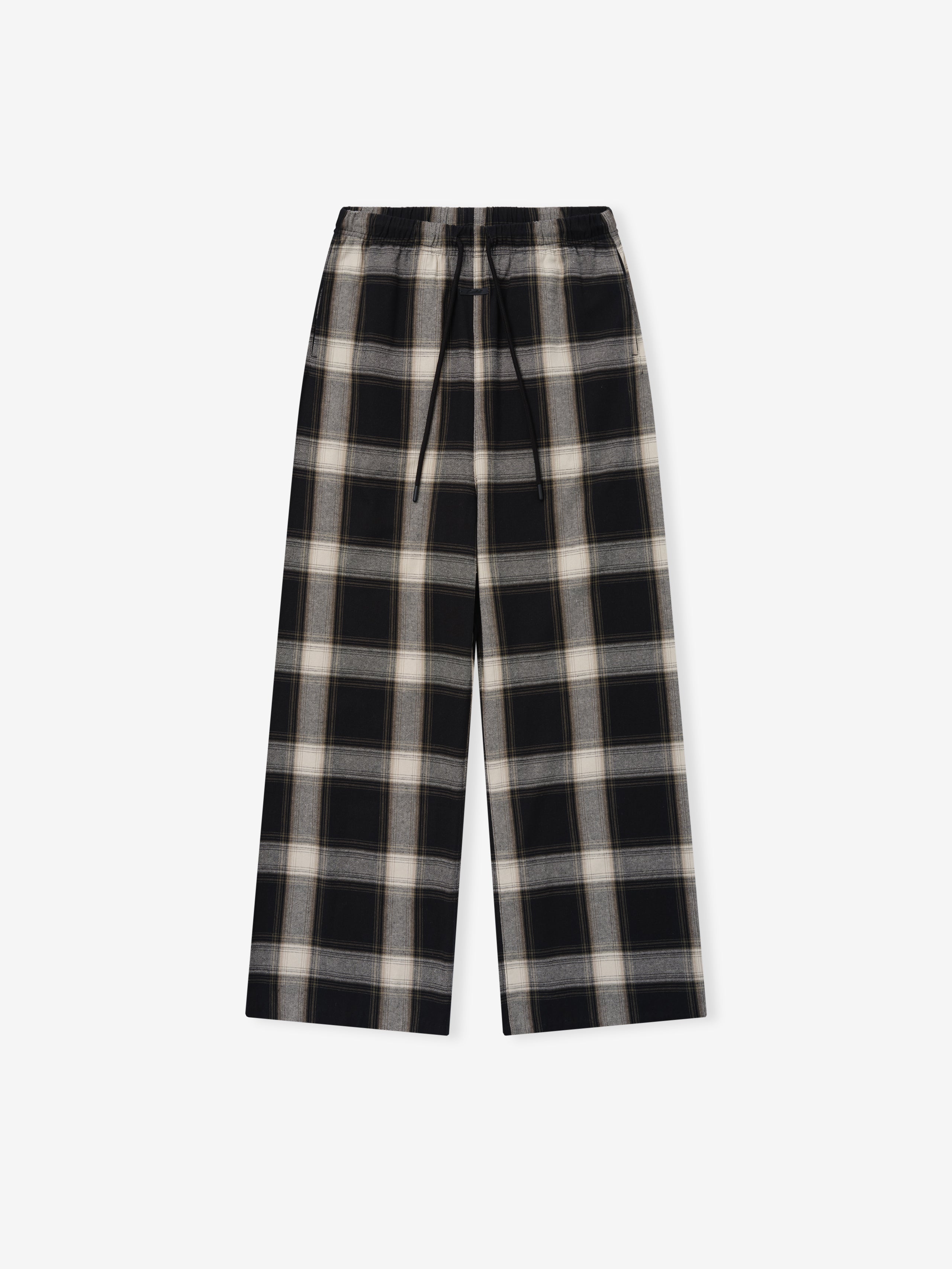 Womens Flannel Lounge Pant in a classic black and gray plaid pattern with a relaxed wide-leg cut, featuring an elastic waistband and adjustable drawstring for comfort.