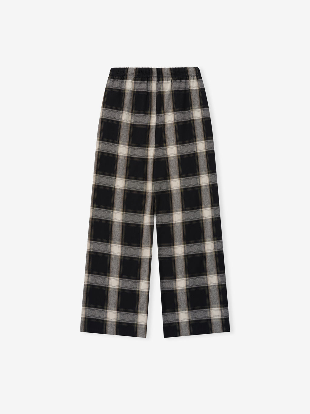 Womens Flannel Lounge Pant in an iron gray and black plaid design featuring a relaxed wide-leg fit with an elastic waistband for easy comfort and casual wear.
