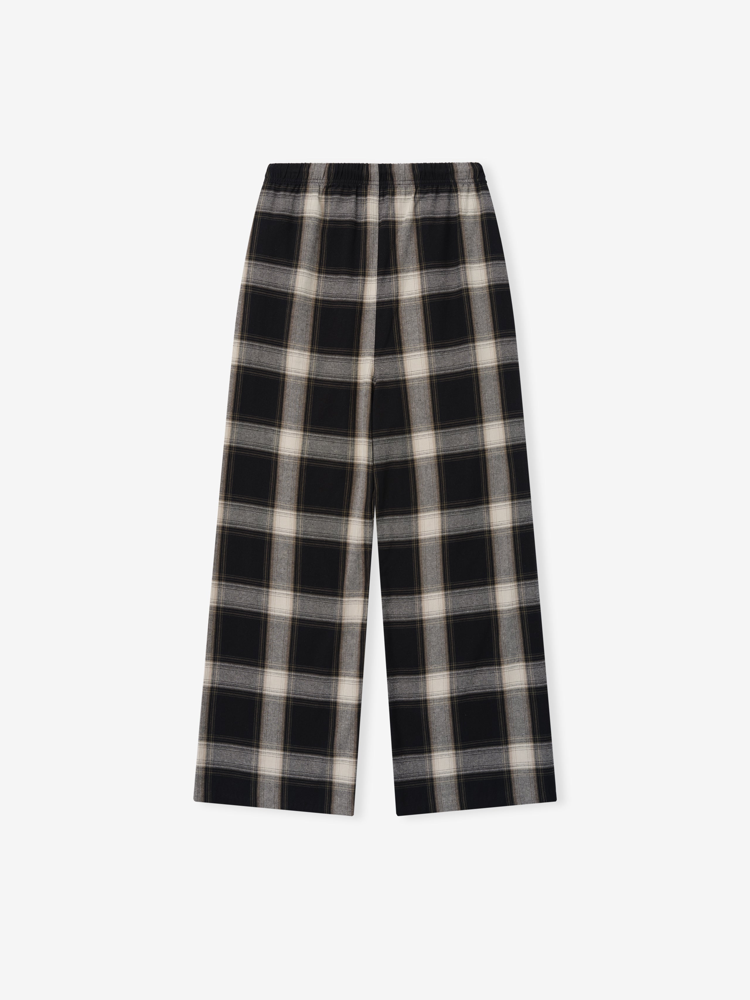 Womens Flannel Lounge Pant in an iron gray and black plaid design featuring a relaxed wide-leg fit with an elastic waistband for easy comfort and casual wear.