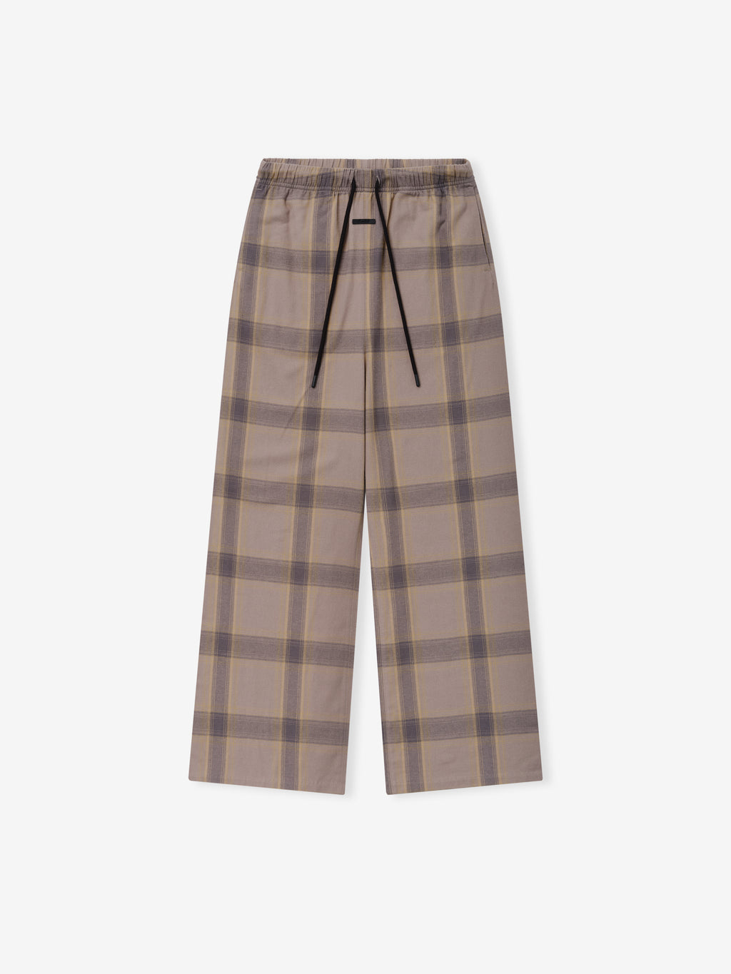 Womens Flannel Lounge Pant in a muted plaid pattern featuring soft beige and gray tones with wide legs and an elastic waistband with black drawstrings for a relaxed fit.