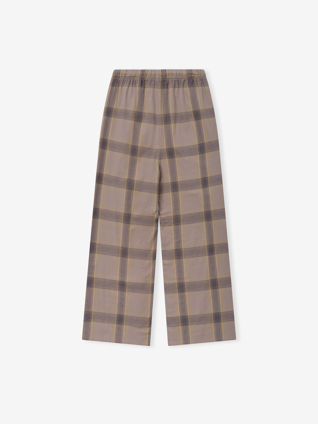 Womens Flannel Lounge Pant in a soft muted plaid featuring shades of taupe and gray with wide legs and an elastic waistband for relaxed, comfortable bottoms.