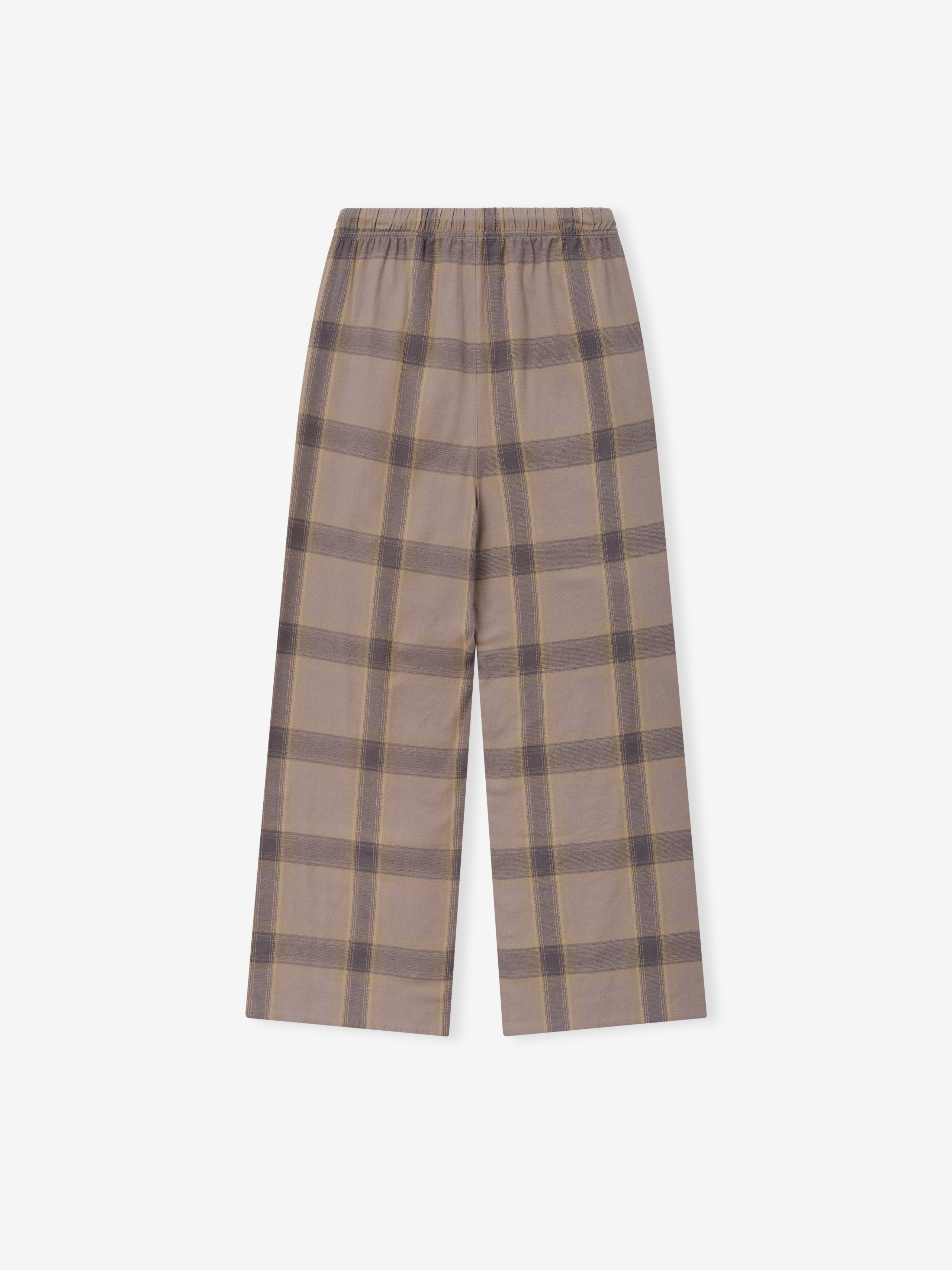 Womens Flannel Lounge Pant in a soft muted plaid featuring shades of taupe and gray with wide legs and an elastic waistband for relaxed, comfortable bottoms.