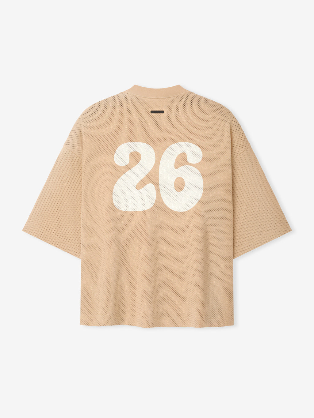 Womens Sport Mesh Merch Tee in warm beige featuring lightweight breathable mesh fabric with a large white retro-style number 26 printed on the back for a casual sporty look.